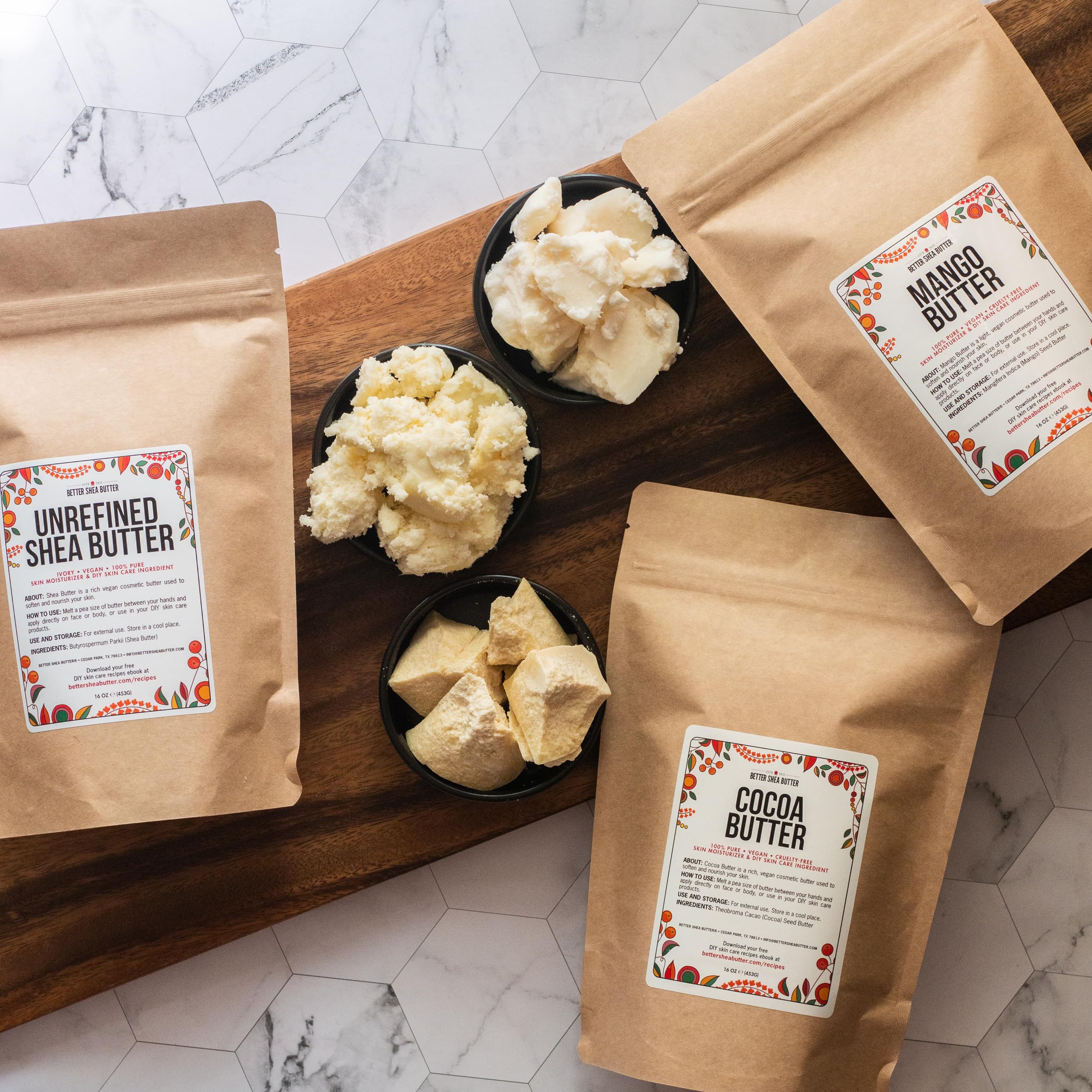 Better Shea Butter Set of Raw Shea Butter, Raw Mango Butter, Unrefined Cocoa Butter For Soap Making and DIY Body Butters, Lip Balms, Body Lotions - Each Jar is 8 oz Making 24 oz Total (3-Bar Set)