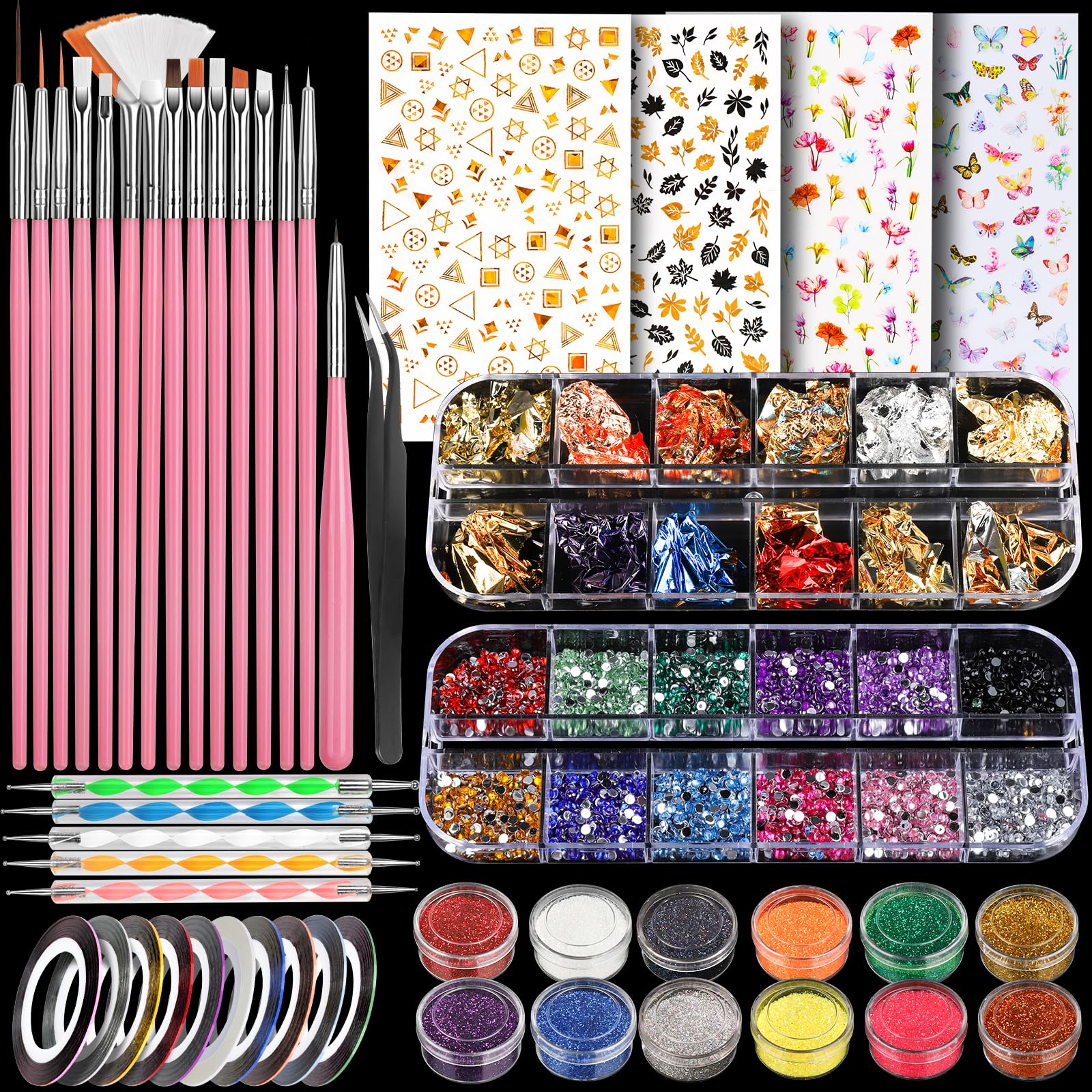 Teenitor Nail Art Brushes Nail Art Tools, Nail Brushes for Nail Art Kit with Nail Stickers, Nail Design Tools Nail Design Brushes Nail Gems, Nail Stuff Dotting Tools Nail Art Stickers Nail Supplies