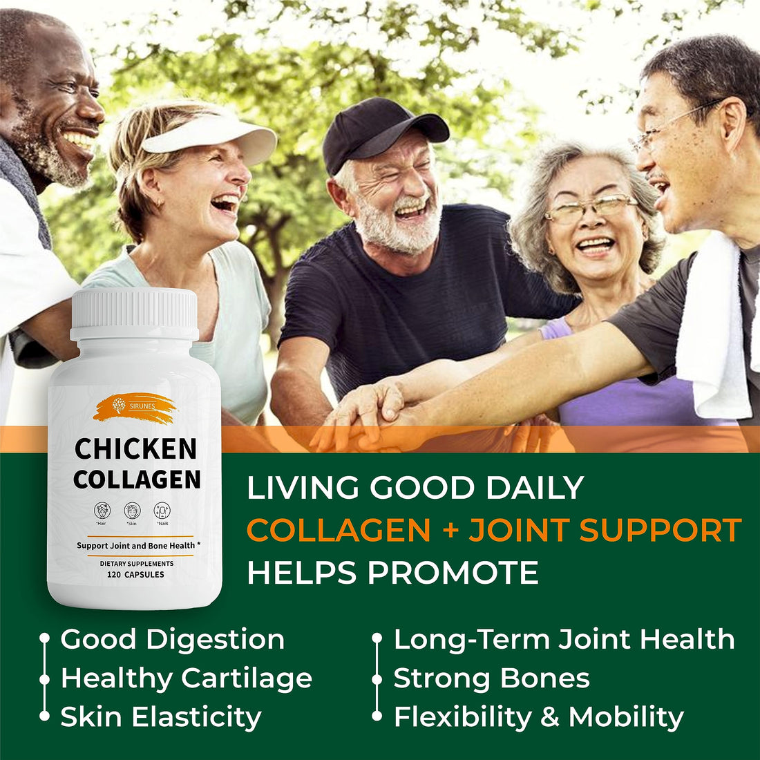 SIRUNES Chicken Collagen Capsules - Type II Collagen Nutritional Supplement for Joint, Skin & Bone Support - Non-GMO, Anti-Aging Dietary Supplements with Hydrolyzed Collagen Peptides - 120 Capsules