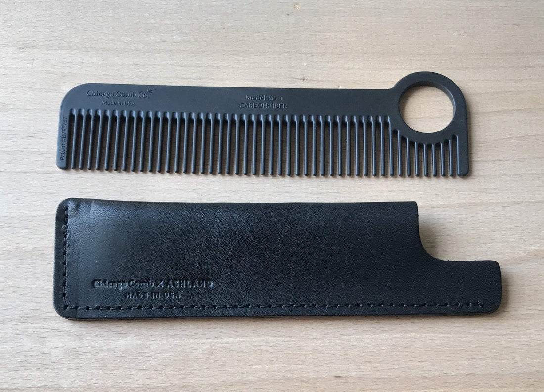 Chicago Comb Model 1 Carbon Fiber Comb + Dublin Black Horween leather sheath, Made in USA.