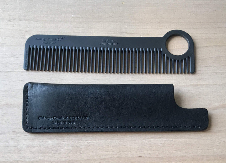 Chicago Comb Model 1 Carbon Fiber Comb + Dublin Black Horween leather sheath, Made in USA.
