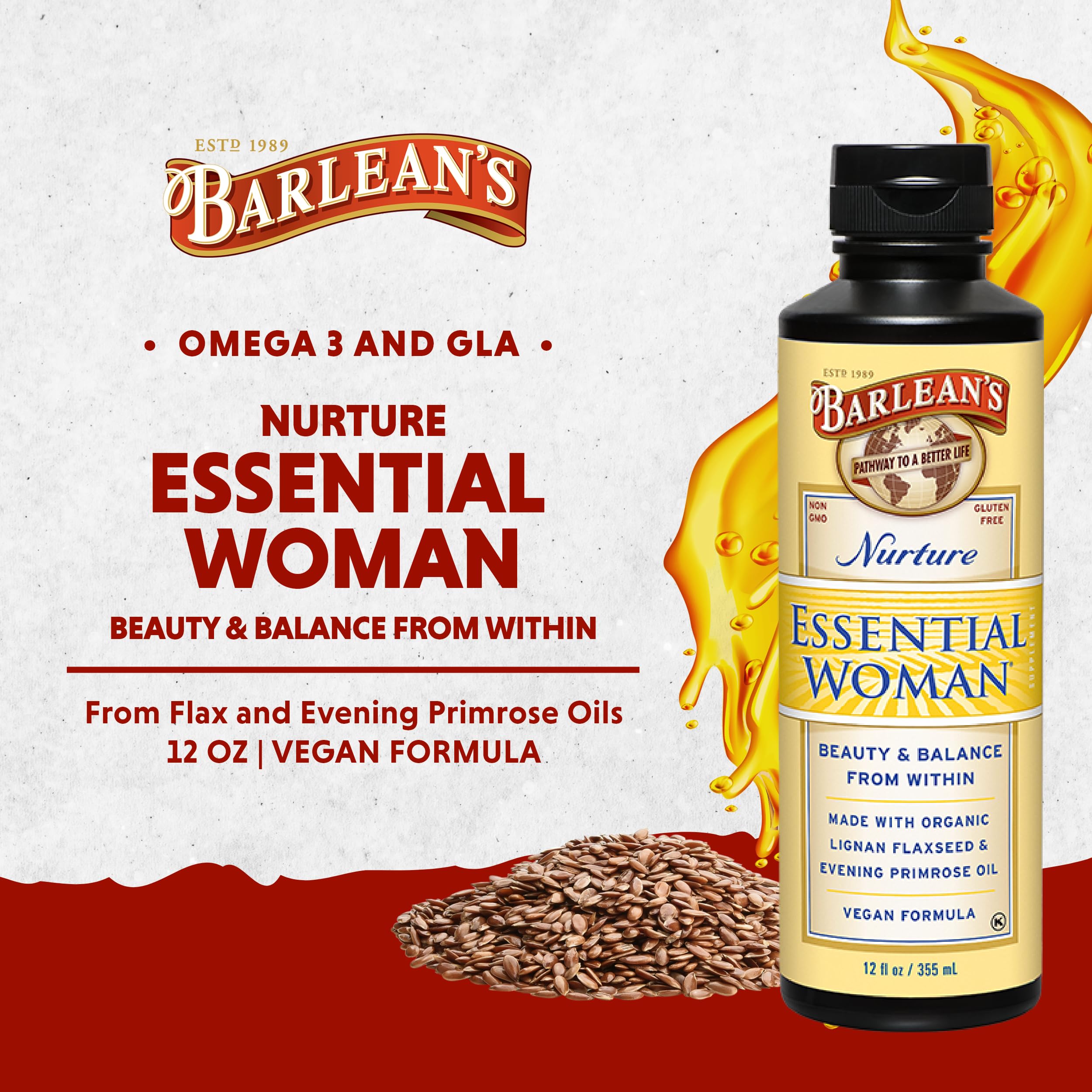 Barlean's Essential Woman Liquid Supplement for Women, Organic Flaxseed, Evening Primrose Oil and Soy Isoflavones, Omega 3 6 9 and GLA, 12 oz