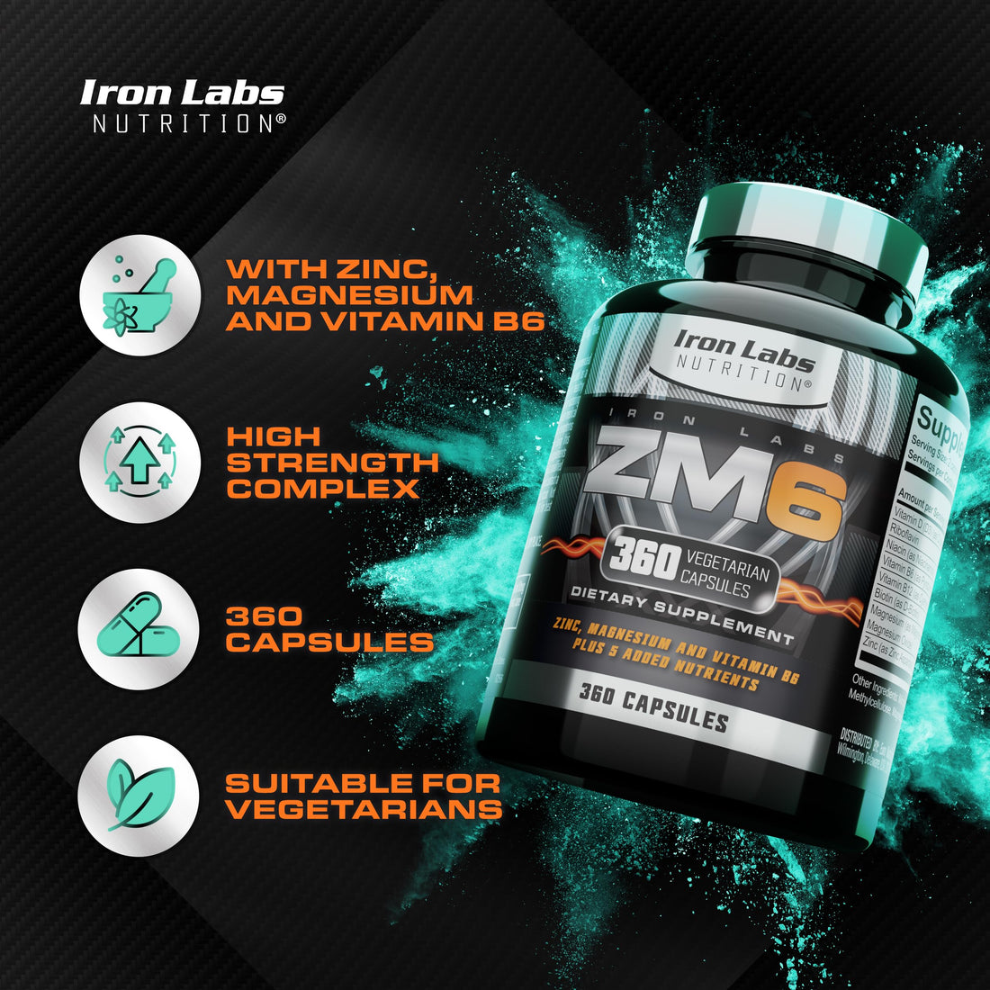 Iron Labs ZM6 - High Strength Zinc and Magnesium Supplement - 360 Vegetarian Capsules (6 Month Supply) - Super Enhanced Zinc Magnesium Aspartate and B6 Complex