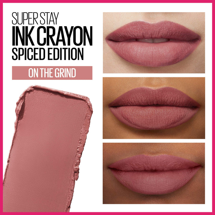 Maybelline Super Stay Ink Crayon Lipstick Makeup, Precision Tip Matte Lip Crayon with Built-in Sharpener, Longwear Up To 8Hrs, On The Grind, Purple Mauve Pink, 1 Count