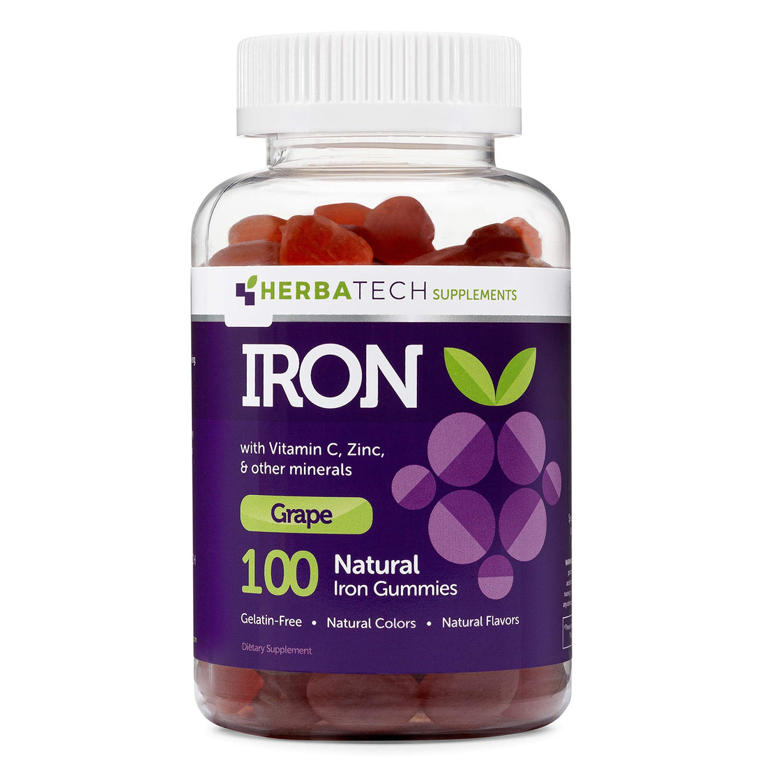 Iron Gummies for Adults and Kids, Chewable Multivitamin Supplement with Iron, Vitamin C, A, B, Zinc, Folic Acid, and Biotin (Grape Flavored) Vegan Safe, Made in The USA from HERBATECH