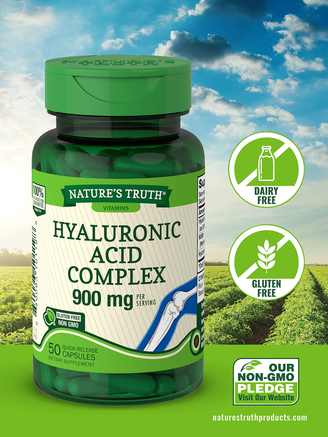 Nature's Truth Hyaluronic Acid with Collagen & MSM | 900mg | 50 Capsules | Non-GMO & Gluten Free Supplement