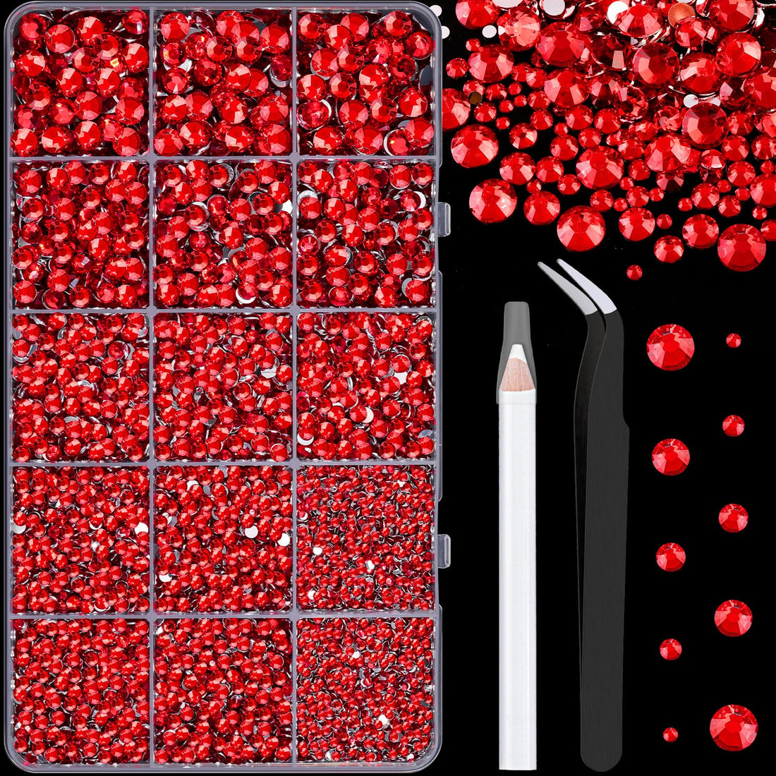 16000Pcs Resin Rhinestones with Tweezers for Crafting, Red 2-6mm Mixed Sizes Flatback Gems, Bedazzling Crystal for DIY Crafts Clothing Tumblers Mugs Shoes Fabric Nail Art