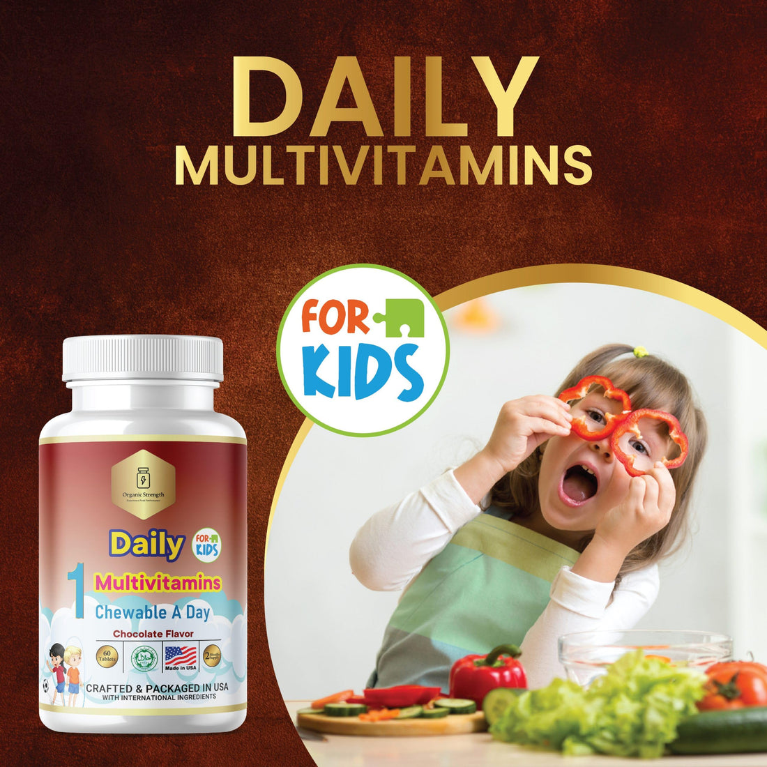 Organic Strength Kids 1 Chewable A Day Halal Multivitamins for Age 4-12, 60 Servings