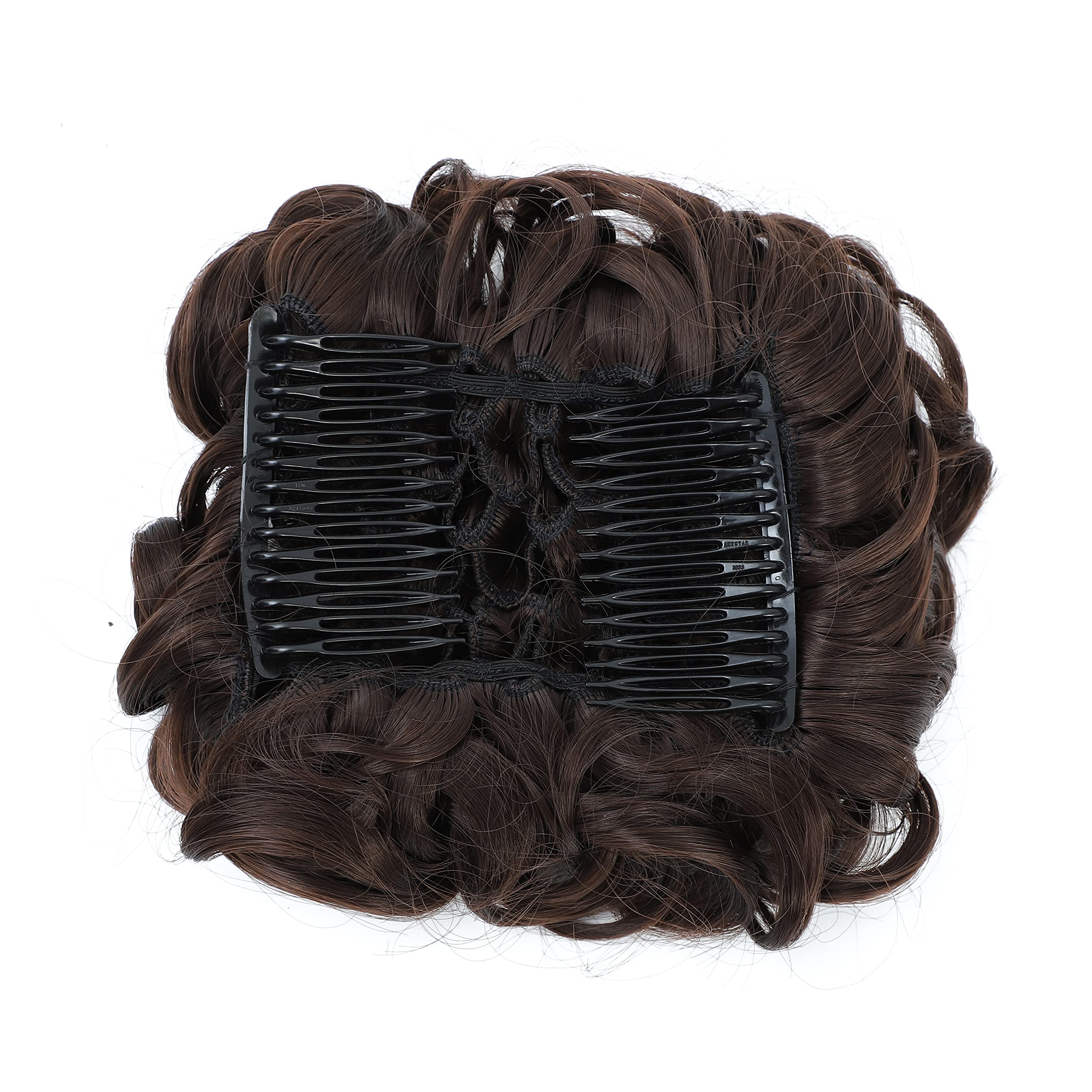 Dark Brown-4# : SWACC Short Messy Curly Dish Hair Bun Extension Easy Stretch hair Combs Clip in Ponytail Extension Scrunchie Chignon Tray Ponytail (Dark Brown-4#)