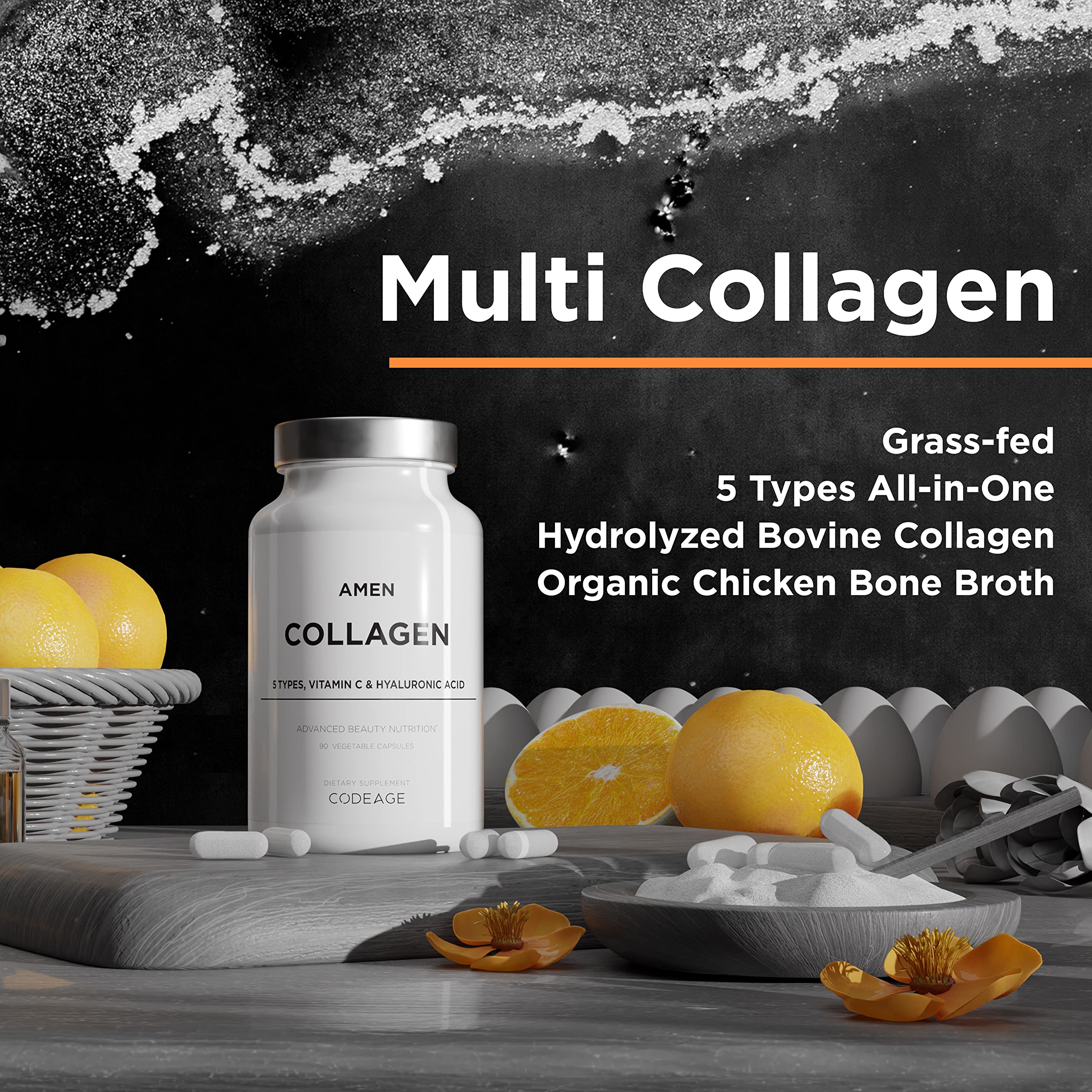 Amen Multi Collagen Peptides Capsules with Hyaluronic Acid and Vitamin C - 5 Types of Collagen Protein Type I, II, III, V, X - Grass Fed Hydrolyzed - 18 Amino Acids - Collagen Supplement - 90 Pills