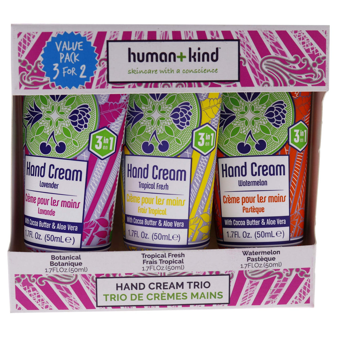 Human+Kind Hand Cream Trio - Lavender, Tropical Fresh, and Watermelon - Moisturizes Hands, Elbows, and Feet - Enriched with Avocado Oil and Shea Butter - Natural, Vegan Skin Care - 3-Pack