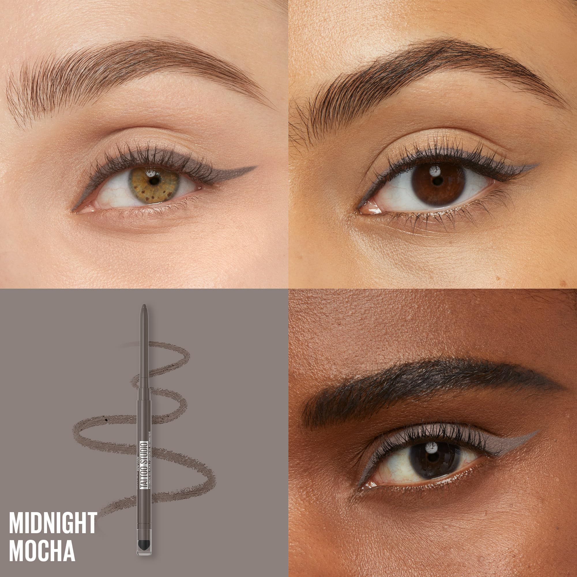 Maybelline Tattoo Studio Automatic Gel Pencil Waterproof Eyeliner, Blendable, Smudge Resistant, Matte Eyeliner For Up To 36HR Wear, Midnight Mocha (Smokey Gray), Packaging May Vary