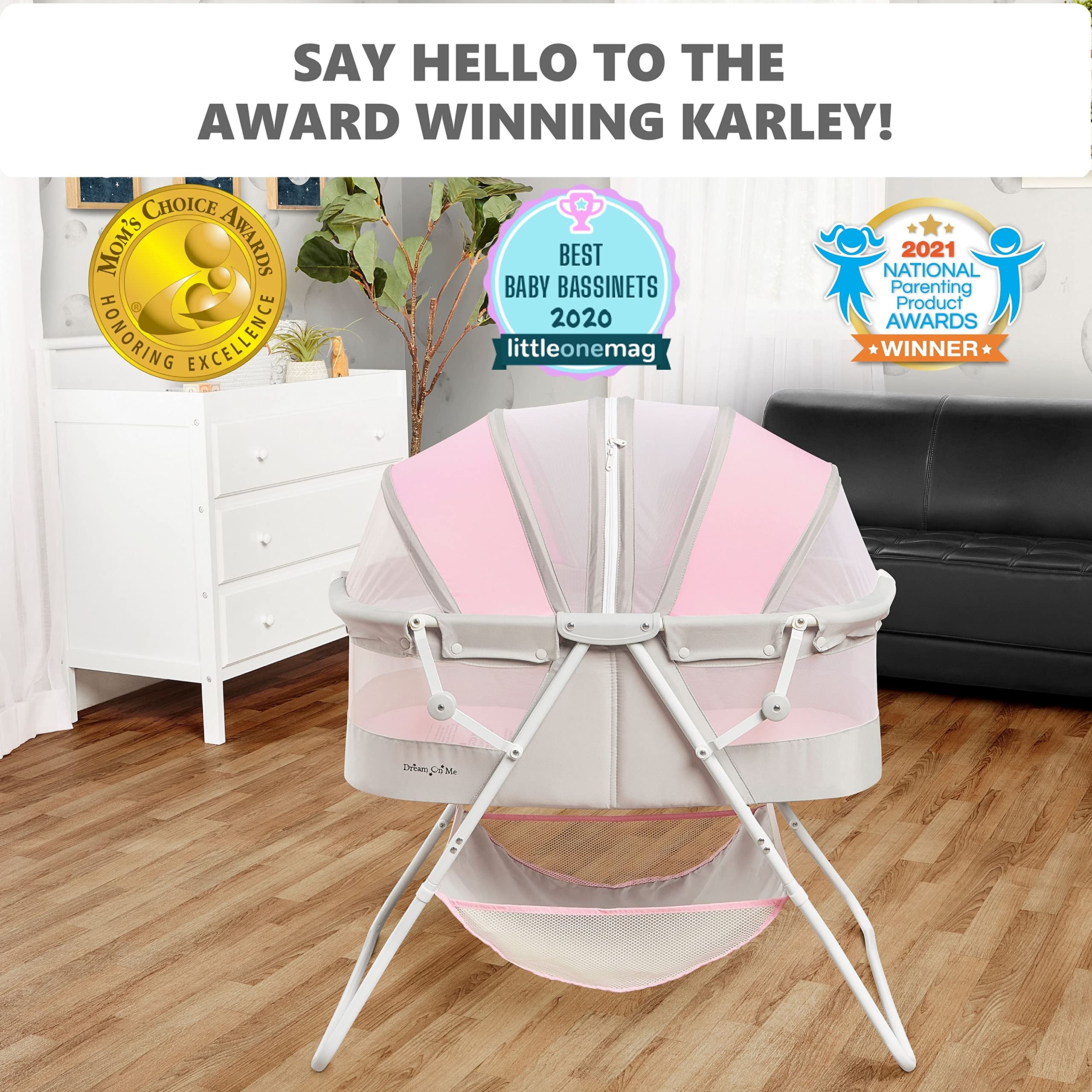 Dream On Me Karley Baby Bassinet in Grey and Pink, Lightweight Portable, Quick Fold and Easy to Carry , Adjustable Double Canopy, Indoor and Outdoor with Large Storage Basket.