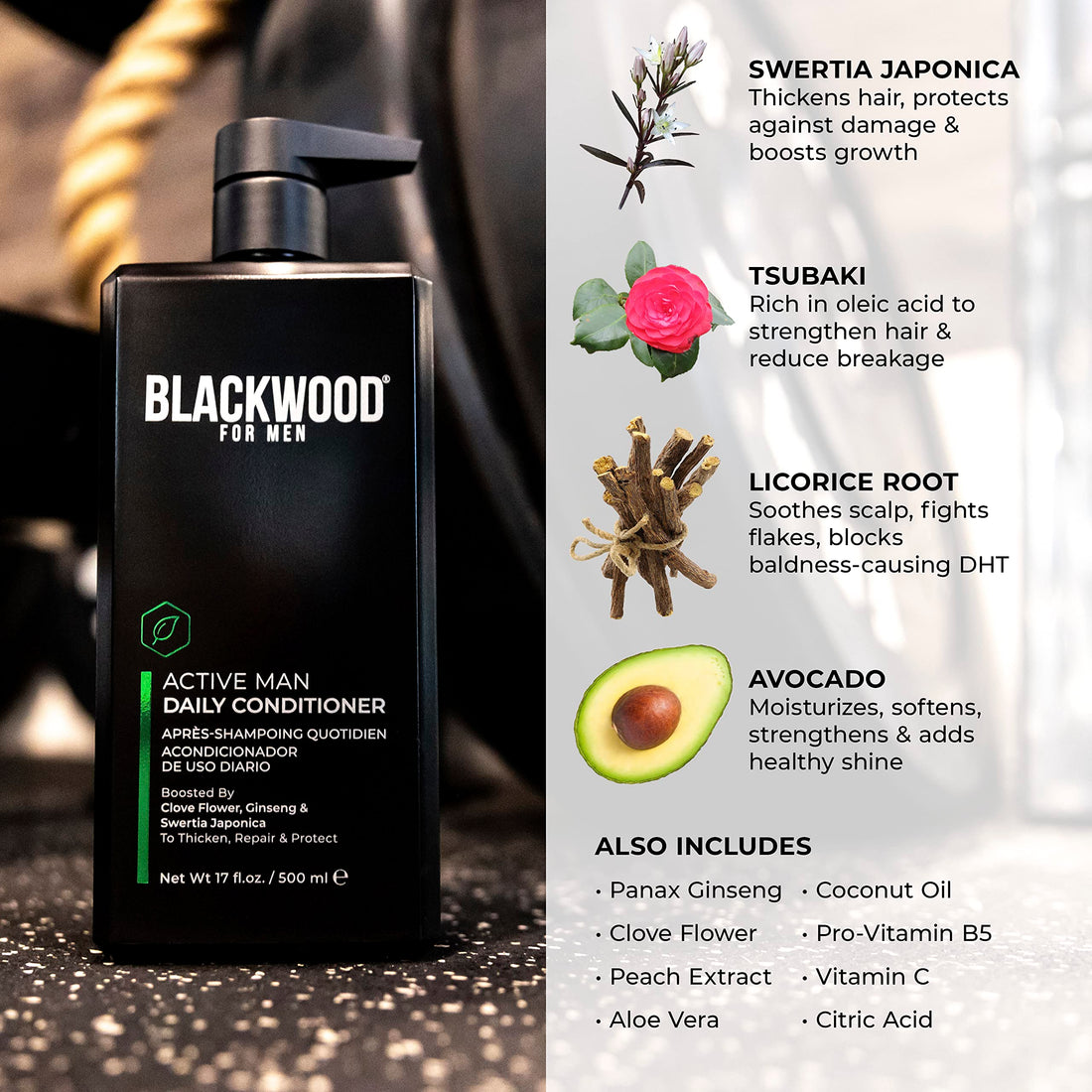 BLACKWOOD FOR MEN Active Man Daily Conditioner - Men's Thickening Conditioner for Hair Loss & Dandruff - Deep Treatment for Shine - Natural Vegan Formula - Sulfate, Paraben, & Cruelty-Free (17 Oz)