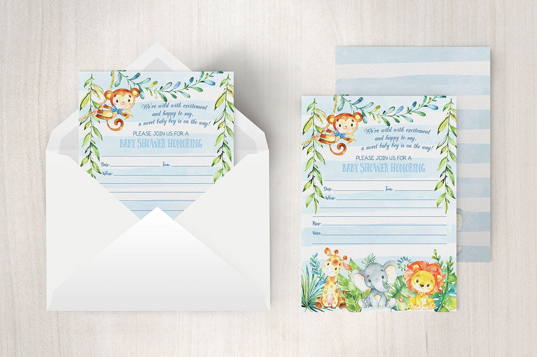 Boy Jungle Safari Baby Shower Invitations, Safari Animal Invitation, 20 Fill in Invitations and Envelopes, Blue Boy Baby Shower Party, Monkey, Lion, Elephant, Giraffe