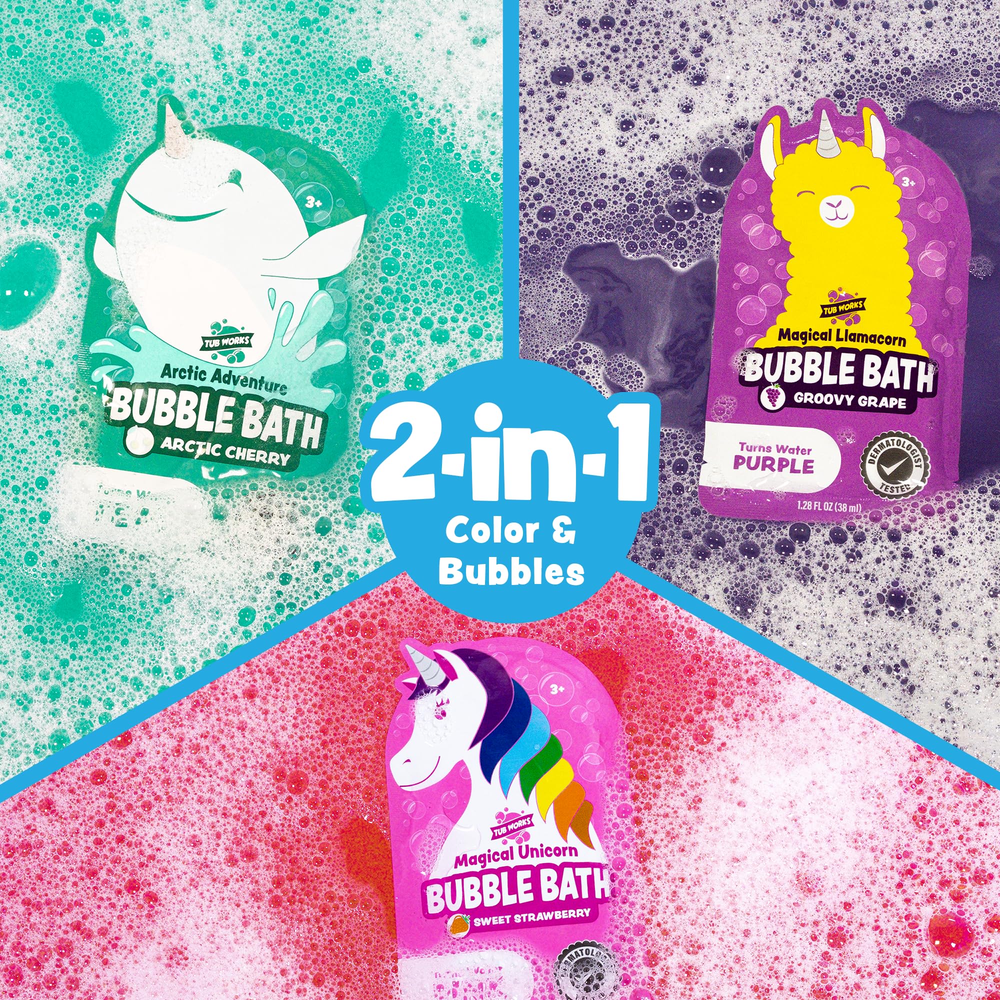 Tub Works® Magical Kids Bubble Bath, Variety 12 Pack | Creates Colorful Bath Water & Tons of Foam Bath Bubbles | Nontoxic | Character-Themed Bubble Bath for Kids Bath | Pink, Purple & Teal Bath Colors
