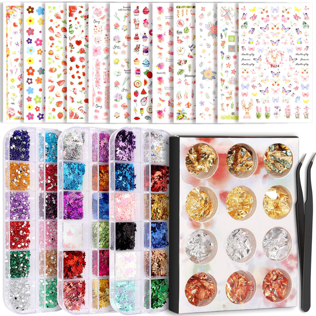 Teenitor Nail Art Decoration with 12 Sheets Nail Art Stickers for Nail Art, Butterfly Nail Foil Stickers, Nail Sequins and Rhinestones, Self-Adhesive Nail Sticker Decals for Nails Art Design