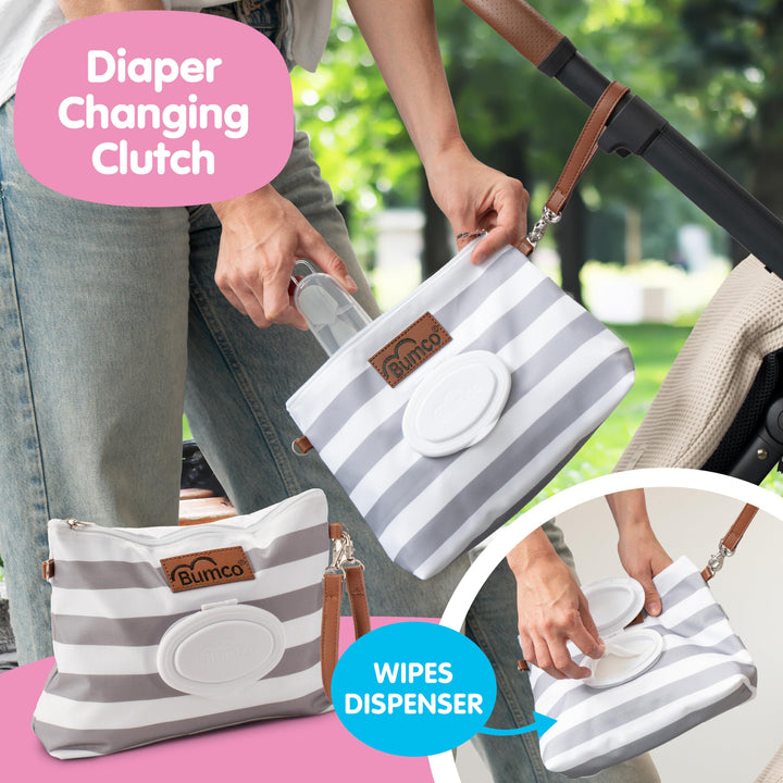 Bumco Diaper Clutch Bag and Mini Diaper Cream Spatula - Baby Travel Essential, Small Baby Bag with Wipes Dispenser, BPA-Free Butt Spatula Baby, Mini Diaper Cream Applicator with Case, Baby Essentials