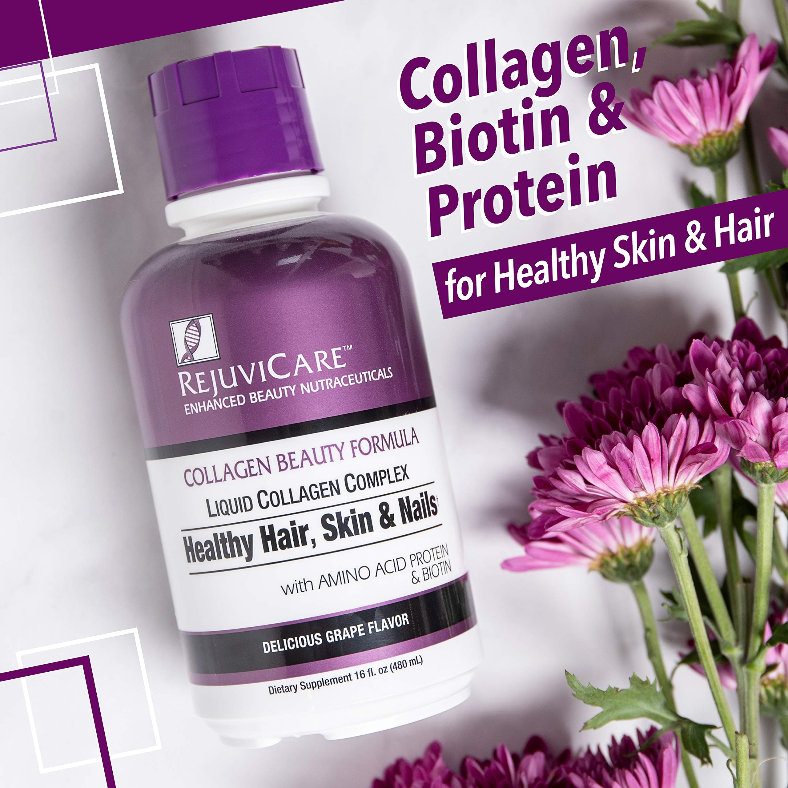 Rejuvicare Liquid Collagen Beauty Formula with Amino Acids, Protein and Biotin, Delicious Grape Flavor, Purple 16 oz ,32 servings