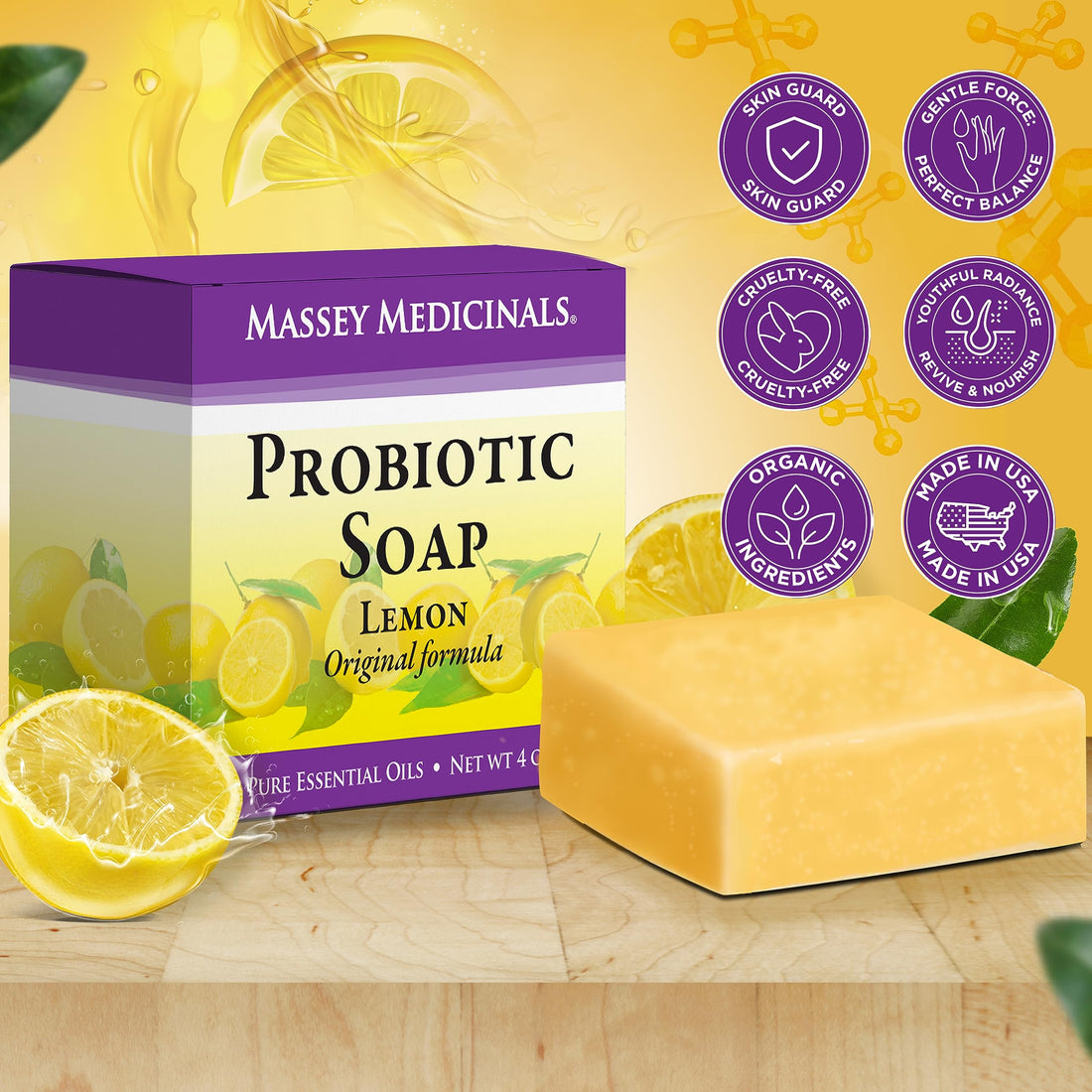 Masseyââ‚¬â„¢s CF 100% Natural Probiotic Soap - Powerful Tea Tree and Lemon Body Soap - 4oz Lemon Scent