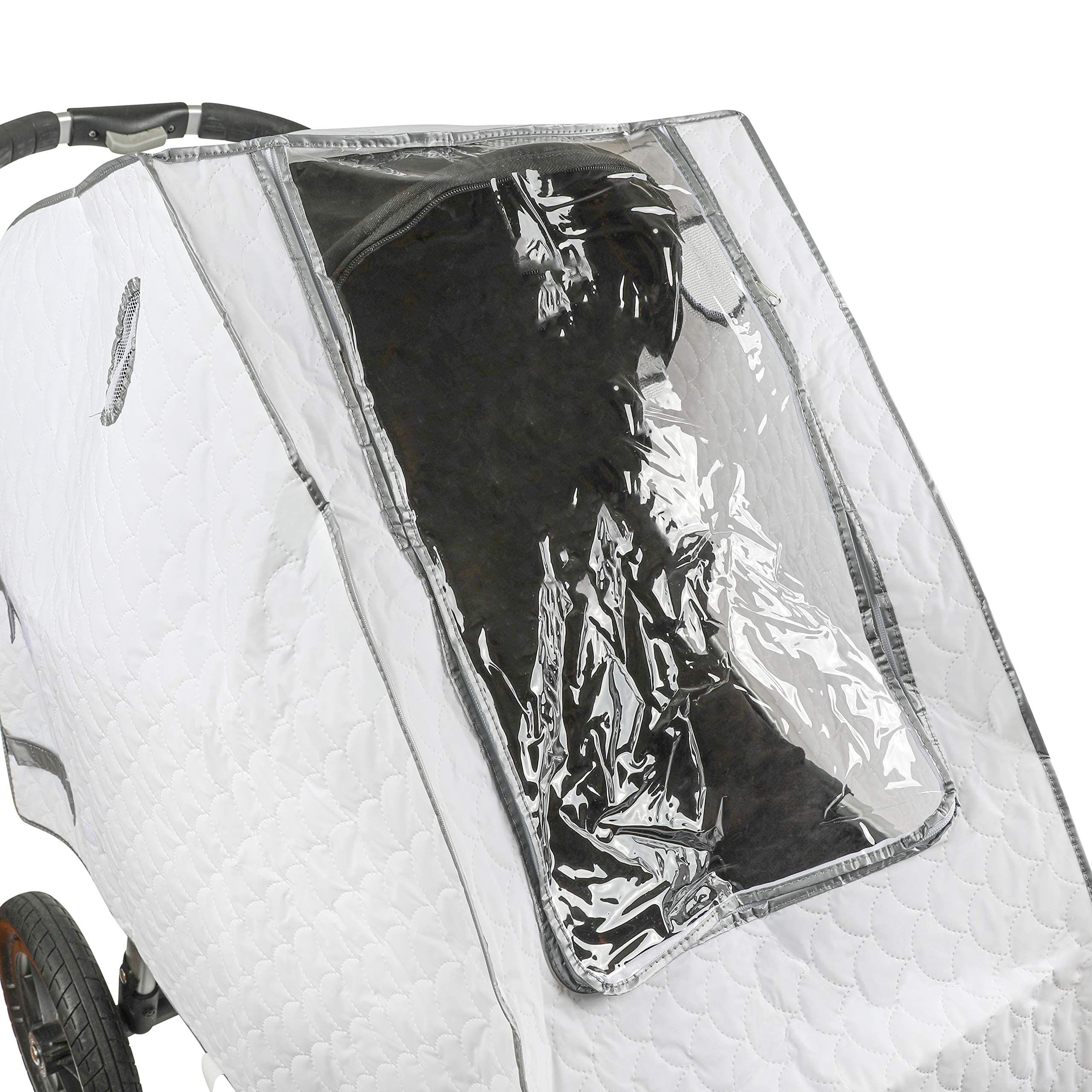 Masirs Baby Stroller Rain Cover - Universal Size, Provides Extra Warmth & Shields Child from Wind & Rain. Mesh Material for Ventilation & Reflective Trimming for Night Visibility. (White, Quilted)