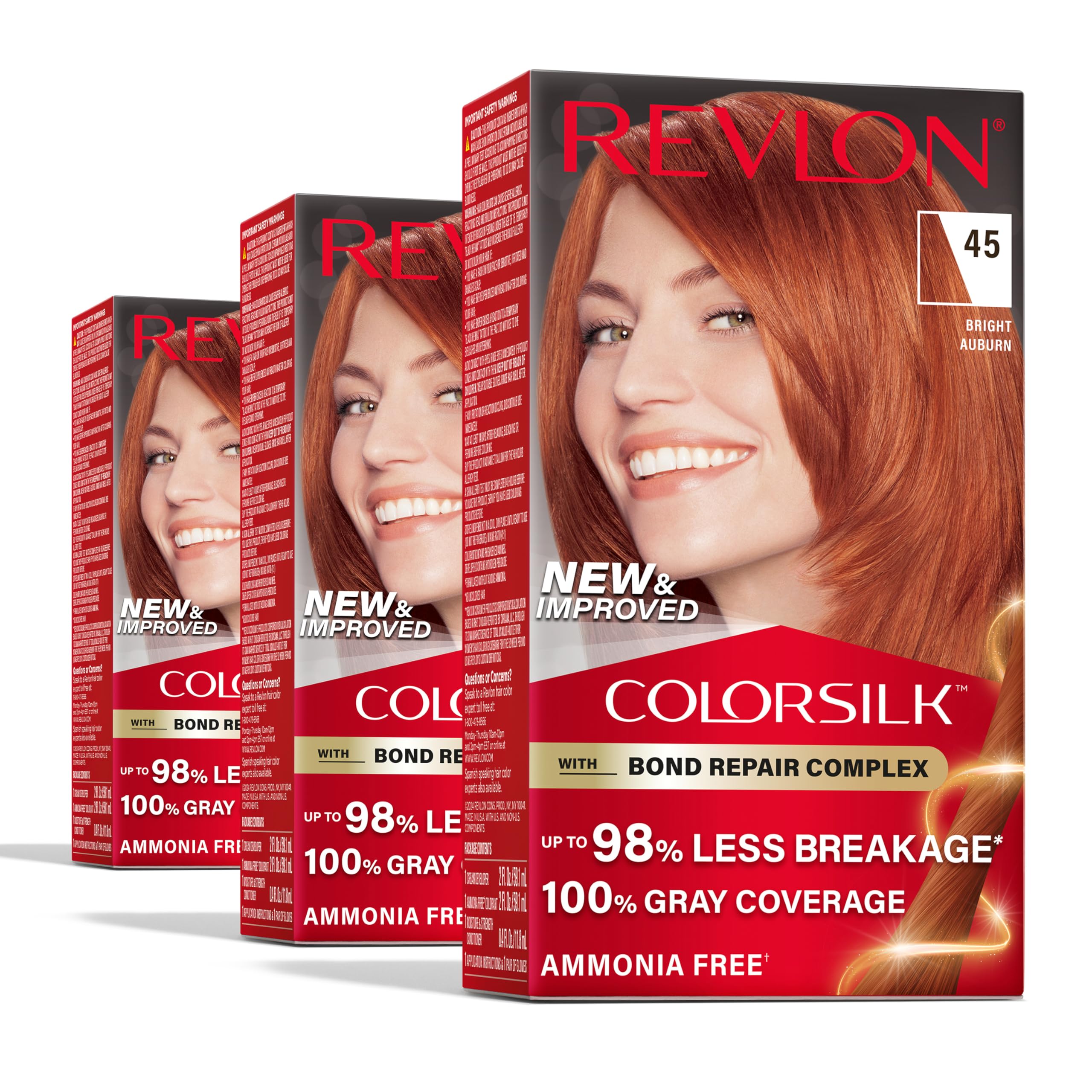 Revlon ColorSilk with Bond Repair Complex, Permanent Hair Color, 100% Gray Coverage, Ammonia Free Hair Dye, Vegan Keratin, 45 Bright Auburn (Pack of 3)