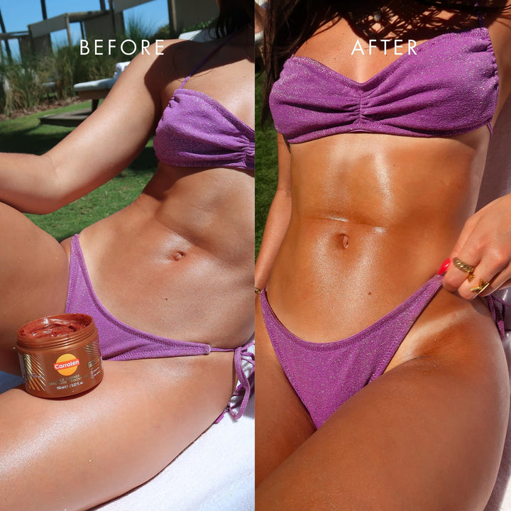 Carroten Gold Shimmer Intensive Tanning Gel | Browning Tan Accelerator | Non-Greasy, Water-Resistant with Carrot and Coconut Oil | Vitamin A & E For Moisture & Hydration | 5 Fl Oz + Spatula