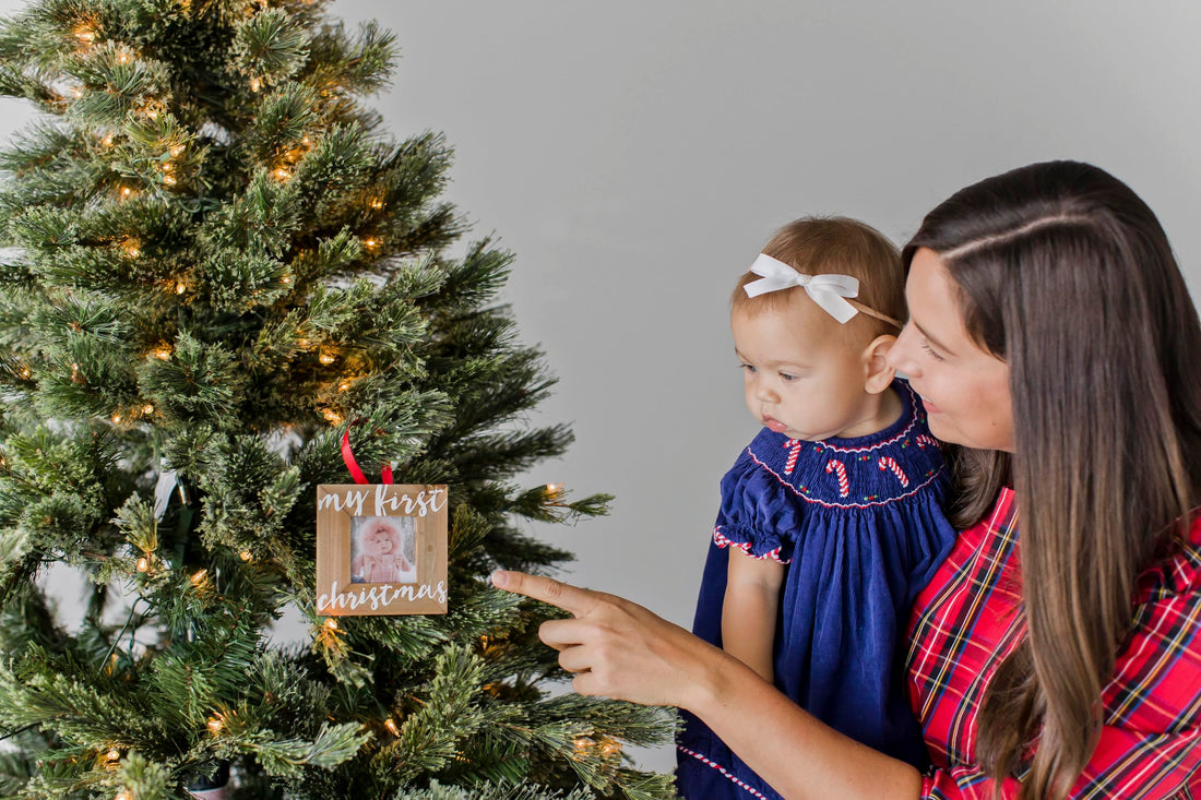Pearhead Baby’s First Christmas Wooden Picture Frame Ornament, Newborn Milestone Keepsake Photo, Holiday Gift For New and Expecting Parents, Rustic My First Christmas Ornament