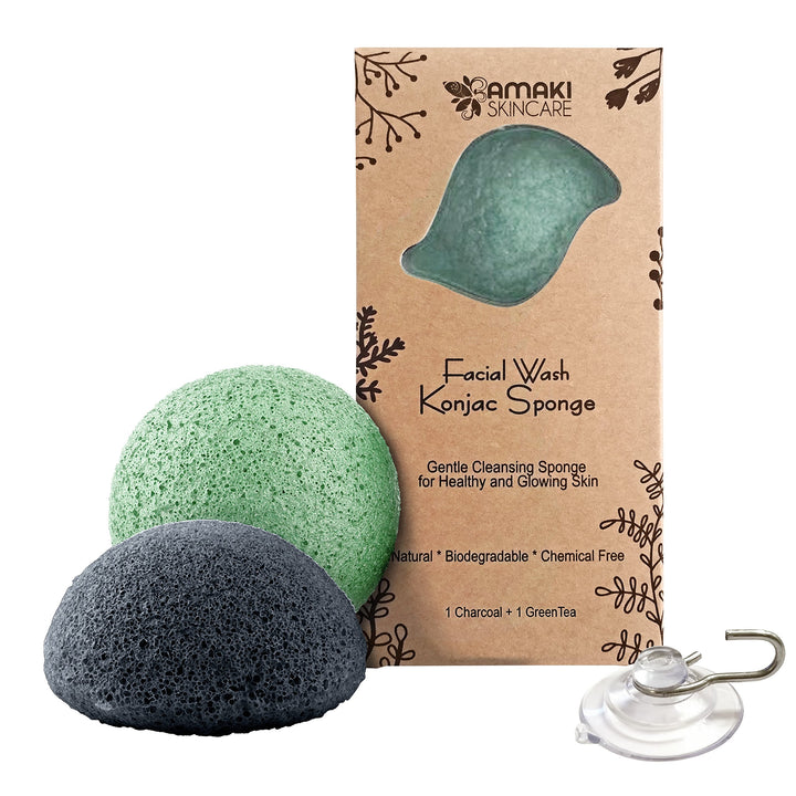Facial Wash Konjac Sponge with Added Activated Bamboo Charcoal and Added Green Tea Powder (2 sponges)