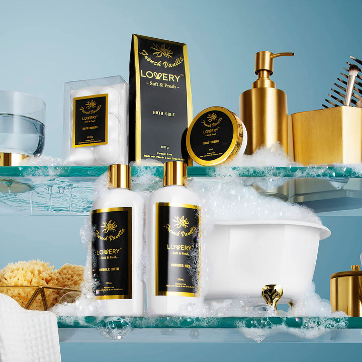 Bath Gift Basket Set for Women: Relaxing at Home Spa Kit Scented with French Vanilla - Includes Bath Bombs, Salts, Shower Gel, Body Butter Lotion, Spa Candle, Cosmetic Bag, Loofah & More