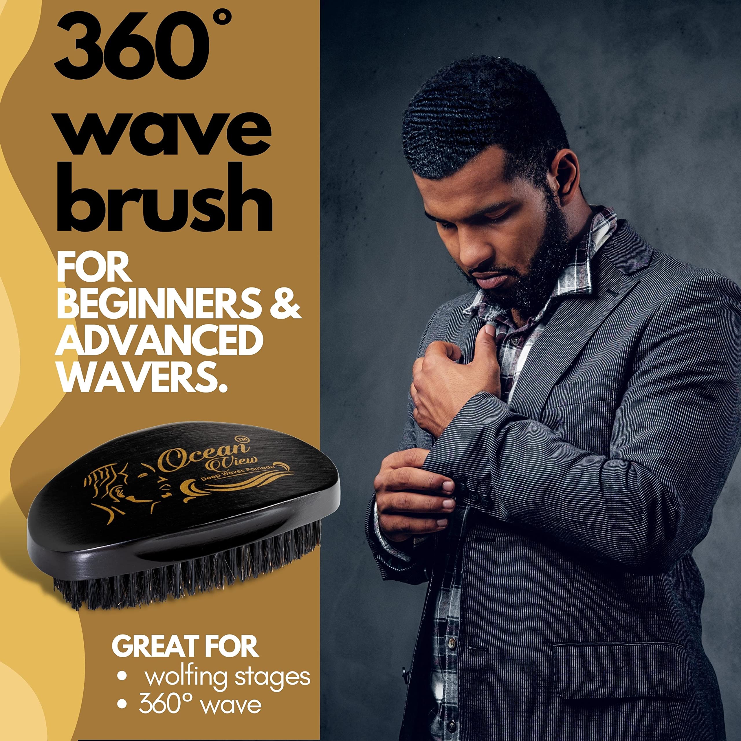 Ocean View Pomade with Wooden Palm Brush for Men - Medium Firm Bristles for 540 and 720 Waves, Contoured for Control with Thumb Indentations