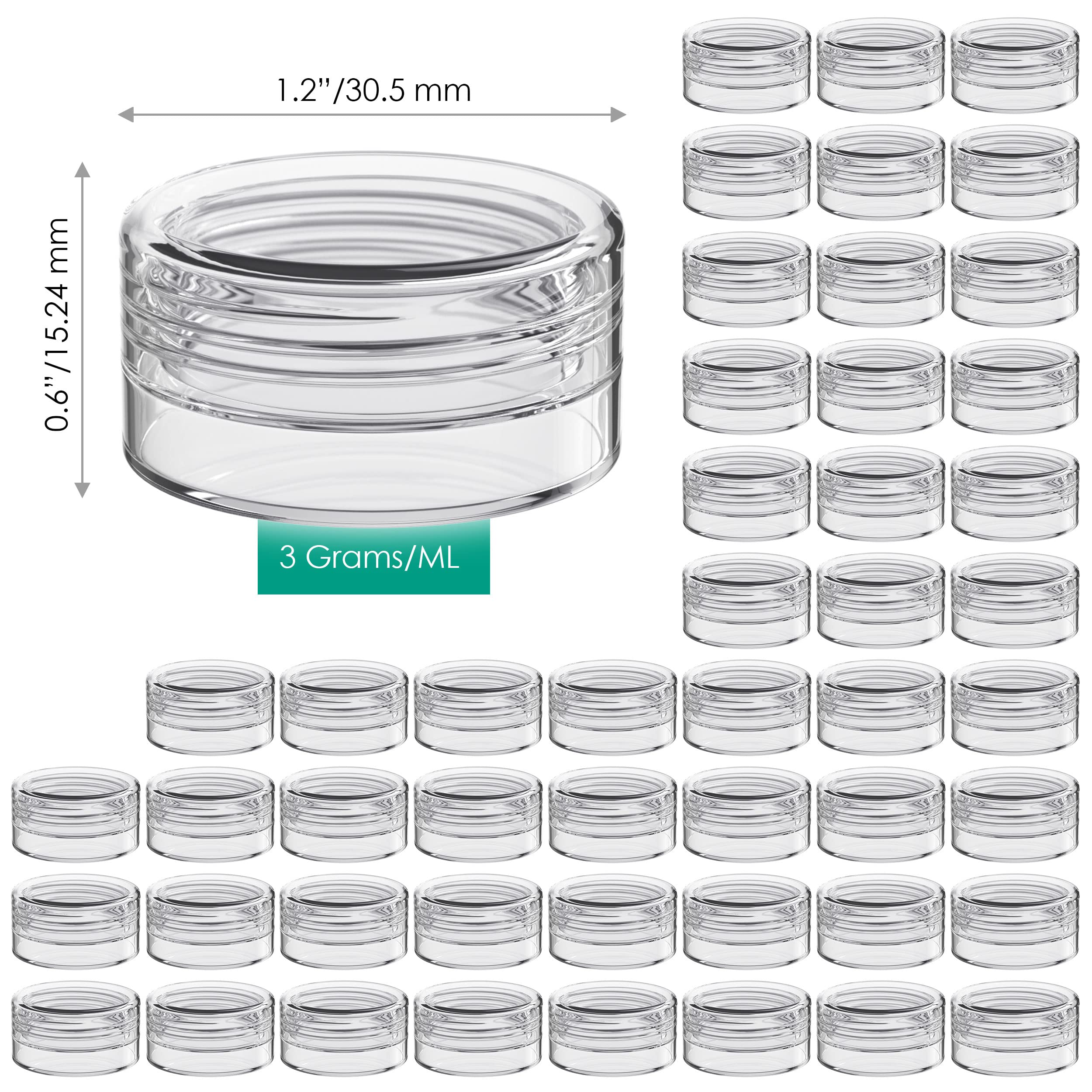 Houseables 3 Gram Jar, 3 ML, Clear, 50 Pk, BPA Free, Cosmetic Sample Empty Container, Plastic, Round Pot, Screw Cap Lid, Small Tiny 3g Bottle, for Make Up, Eye Shadow, Nails, Powder, Paint, Jewelry