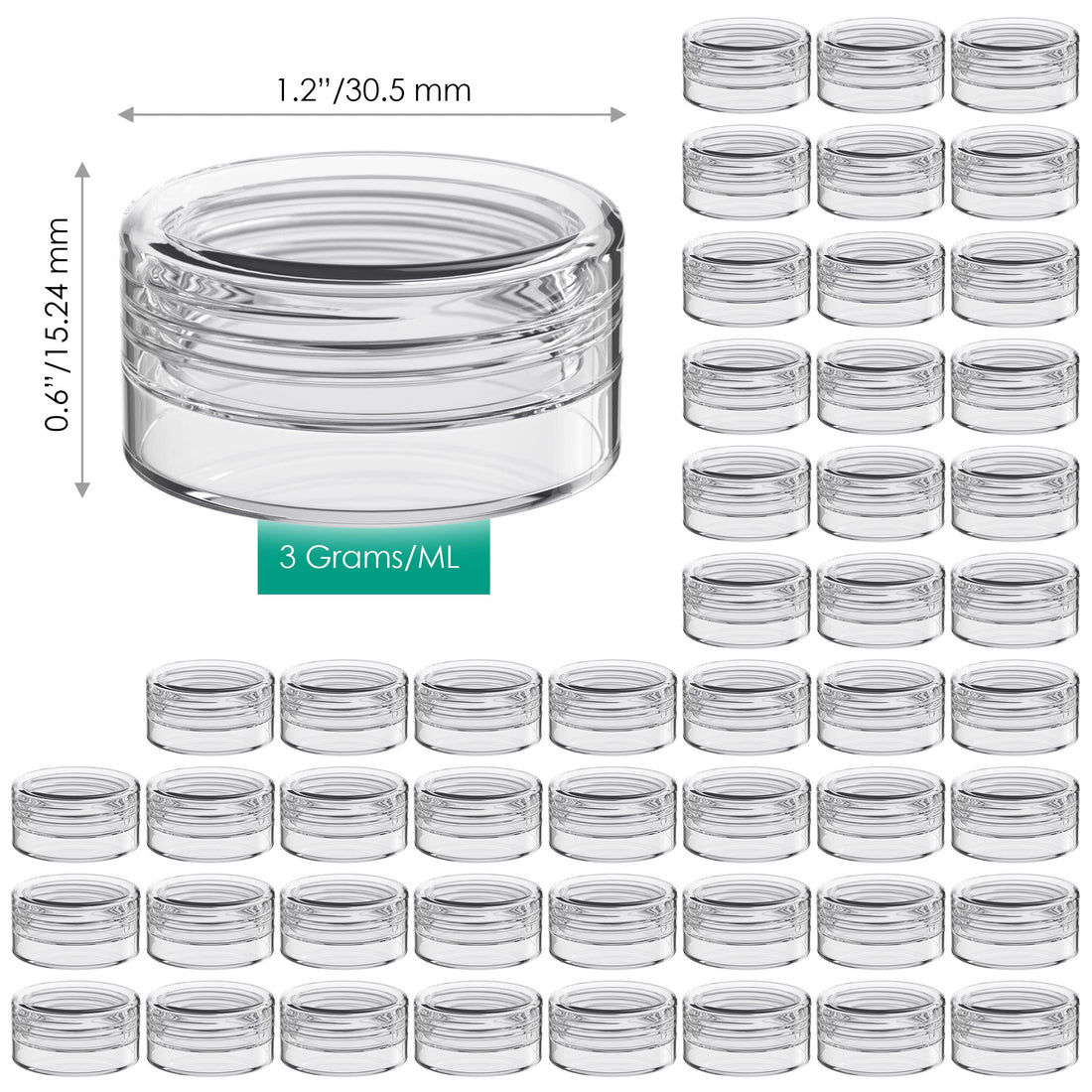 Houseables 3 Gram Jar, 3 ML, Clear, 50 Pk, BPA Free, Cosmetic Sample Empty Container, Plastic, Round Pot, Screw Cap Lid, Small Tiny 3g Bottle, for Make Up, Eye Shadow, Nails, Powder, Paint, Jewelry
