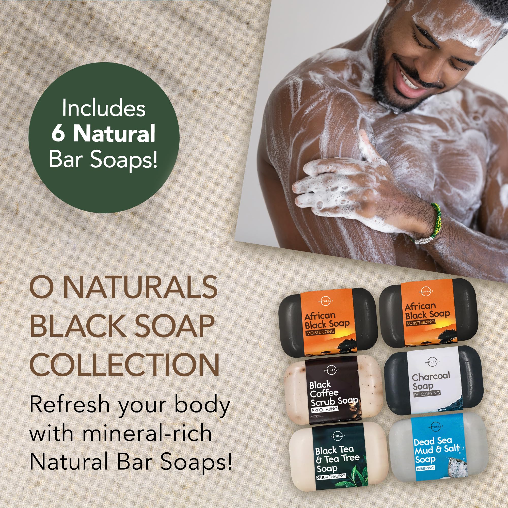 O Naturals 6-Piece Black Soap Bar Collection. 100% Natural. Organic Ingredients. Helps Treat Acne, Repairs Skin, Moisturizes, Deep Cleanse, Luxurious. Face & Body Women & Men. Triple Milled, Vegan 4oz