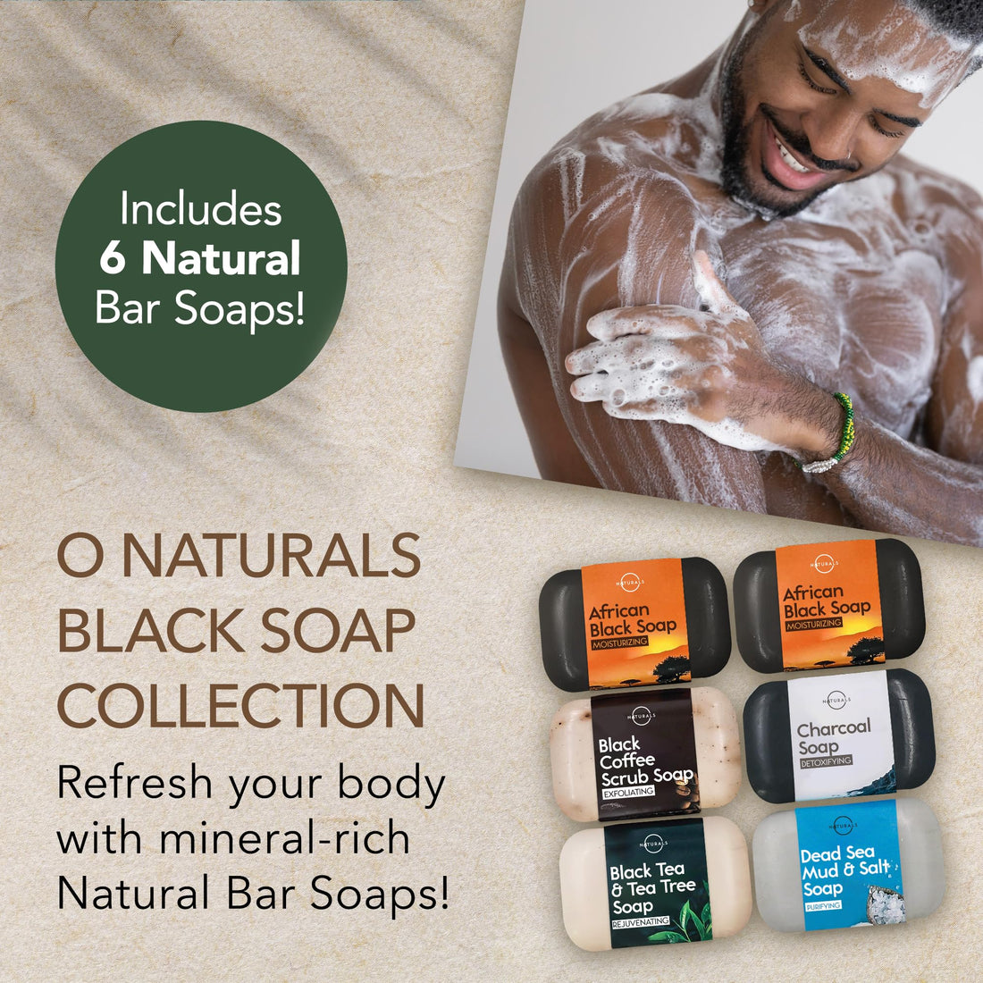 O Naturals 6-Piece Black Soap Bar Collection. 100% Natural. Organic Ingredients. Helps Treat Acne, Repairs Skin, Moisturizes, Deep Cleanse, Luxurious. Face & Body Women & Men. Triple Milled, Vegan 4oz