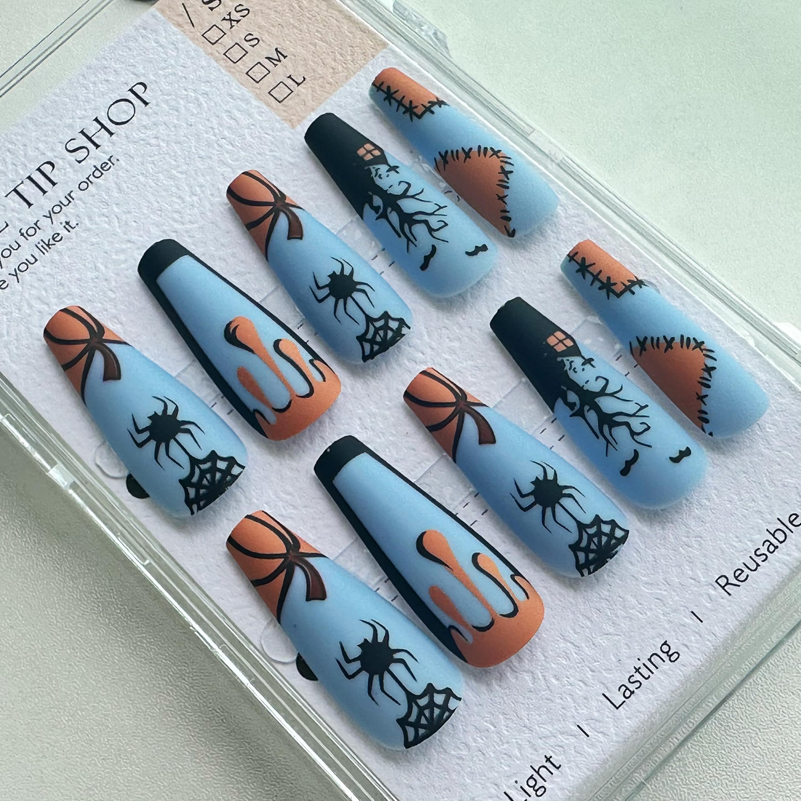 false nails,Blue long nails,Soft Gel Press - on Nails: Unique Blue with Palm Tree & Bow Designs, 24 nail sizes,Natural Fit