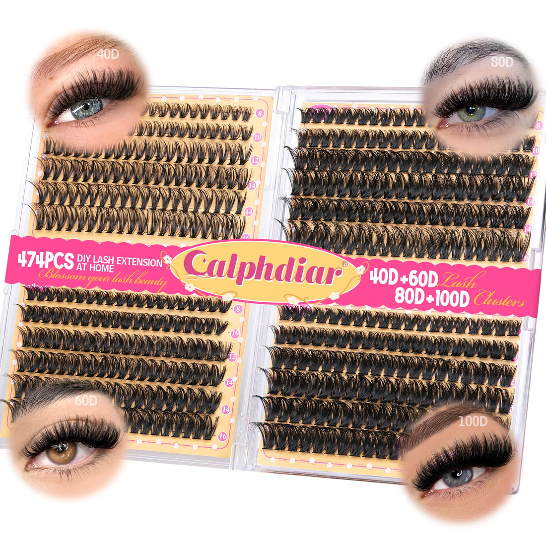 Calphdiar Lash Clusters 40D+60D+80D+100D Eyelash Clusters 474PCS Individual Lashes D-Curly Cluster Eyelash Extensions 8-16MM Wispy Lashes Clusters Volume False Mink Eyelashes DIY Lash Extension