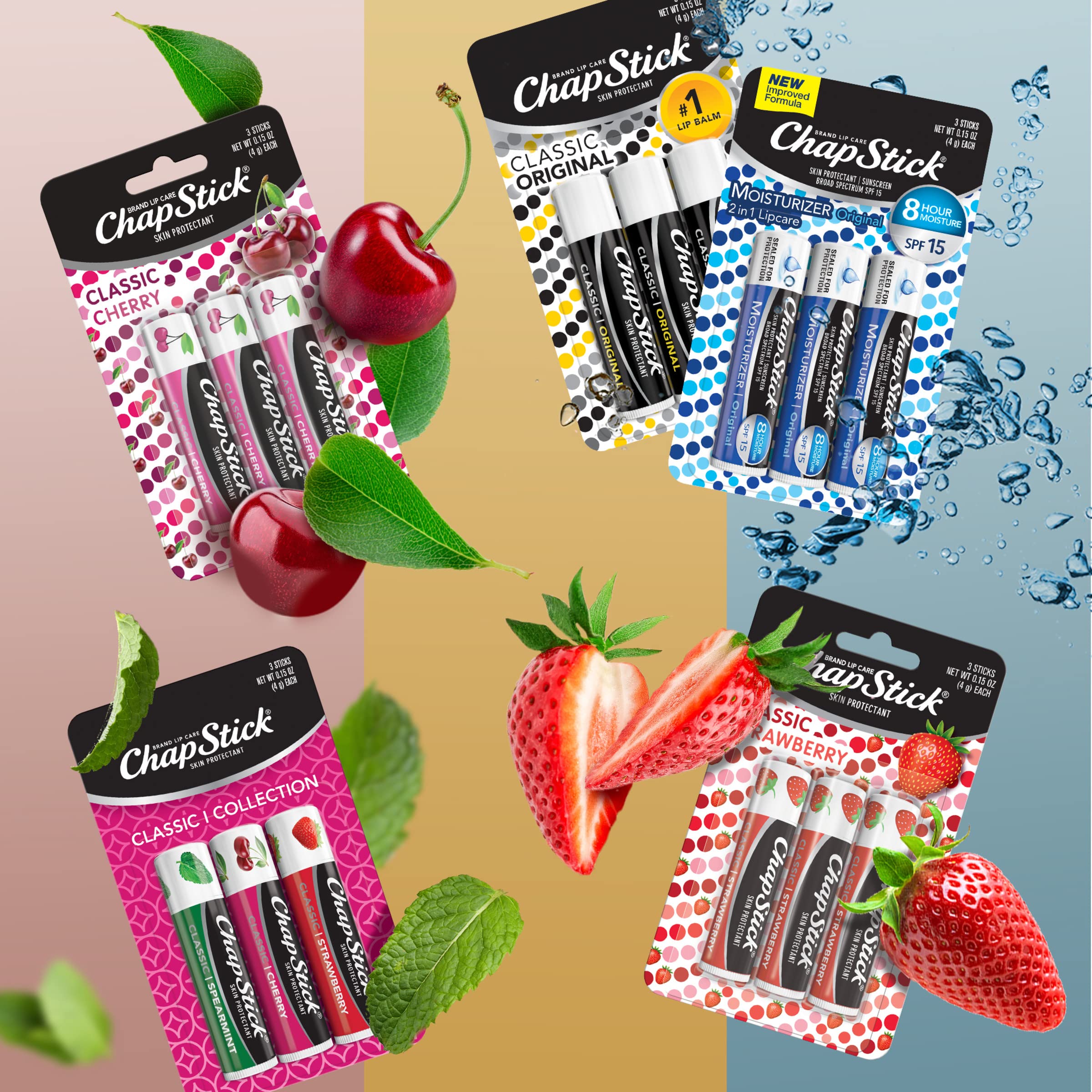 Classic Collection, Classic Lip Balm Collection: Chapstick Classic Collection Lip Balm Pack (5 Triple Packs - 15 Total Sticks), Original, Cherry, Strawberry & Lip Moisturizer - G