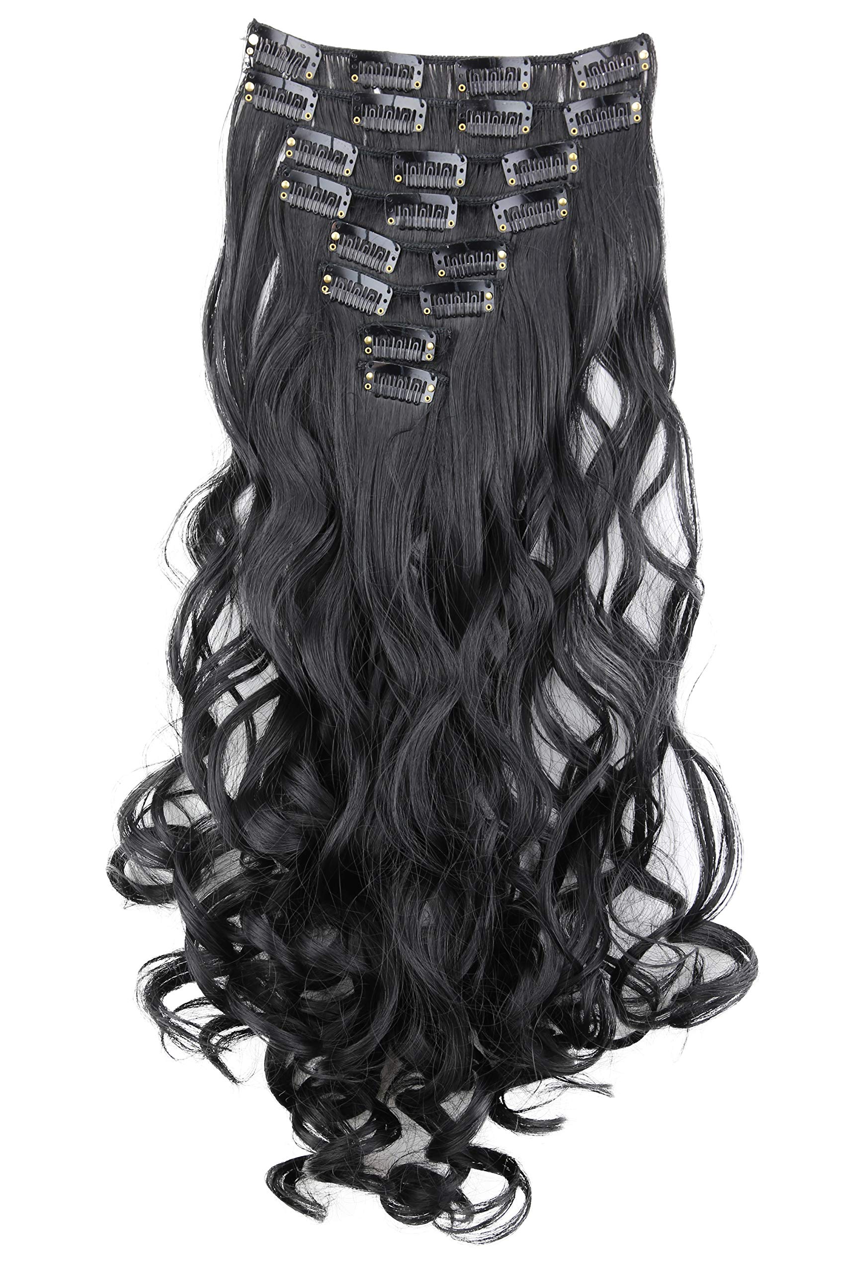 PRETTYSHOP Clip In Hair Extensions 24 120g Set 7pcs Full Head Hairpiece Curled Wavy Heat-Resisting (jet black 1)
