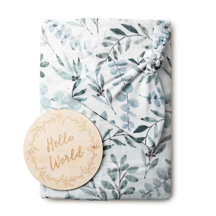 Miaoberry Organic Muslin Swaddle Blankets with Matching Hat and Wooden Hello World Newborn Sign | Eucalyptus Newborn Photography Props | Birth Announcement Sign