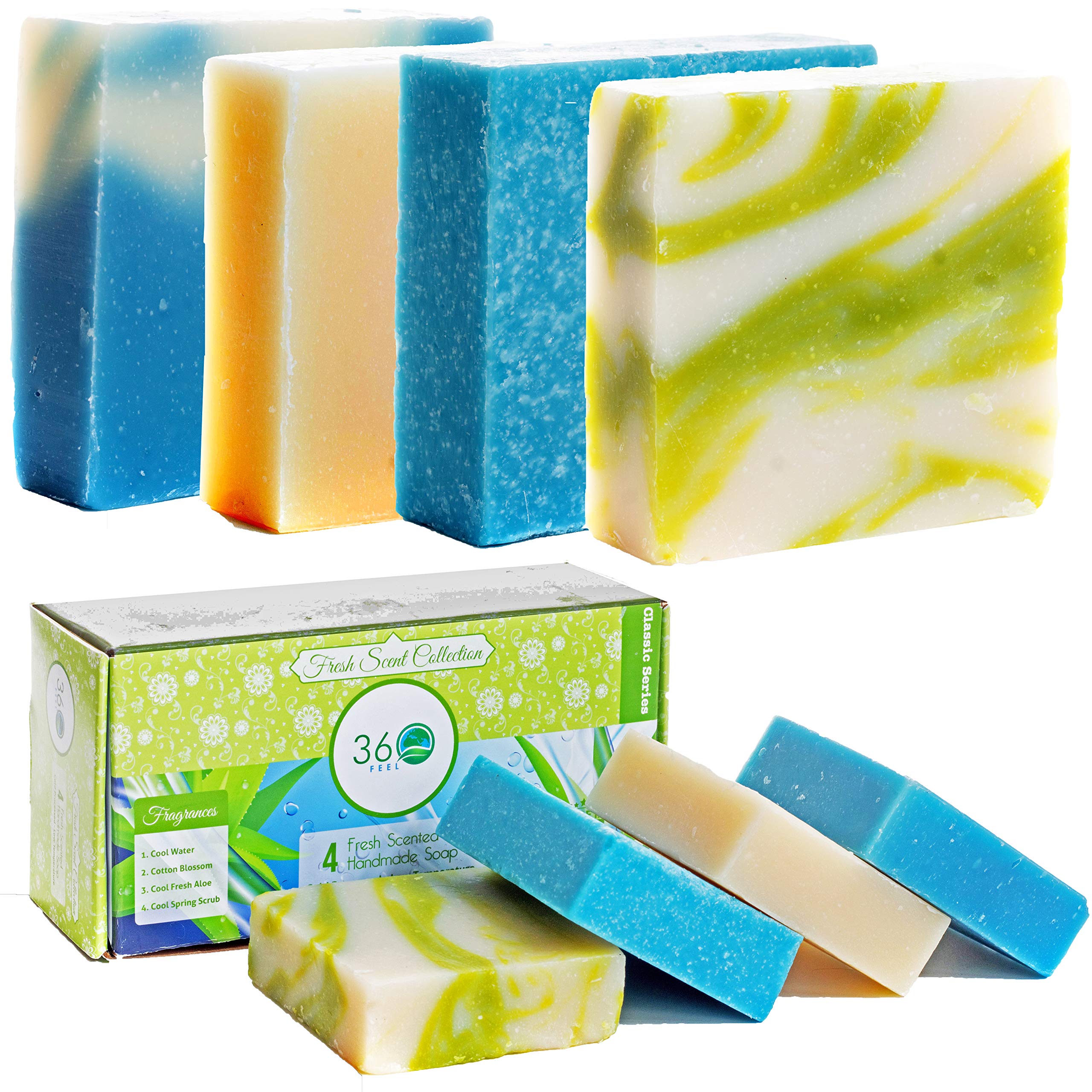360Feel Fresh Scent Soap bars-4 Large (20 oz total, 5oz each)- Aloe Vera, Cotton Blossom, Spring Scrub- Anniversary Wedding Gift Set - Handmade Natural Organic Soaps Essential Oil- Gift ready box