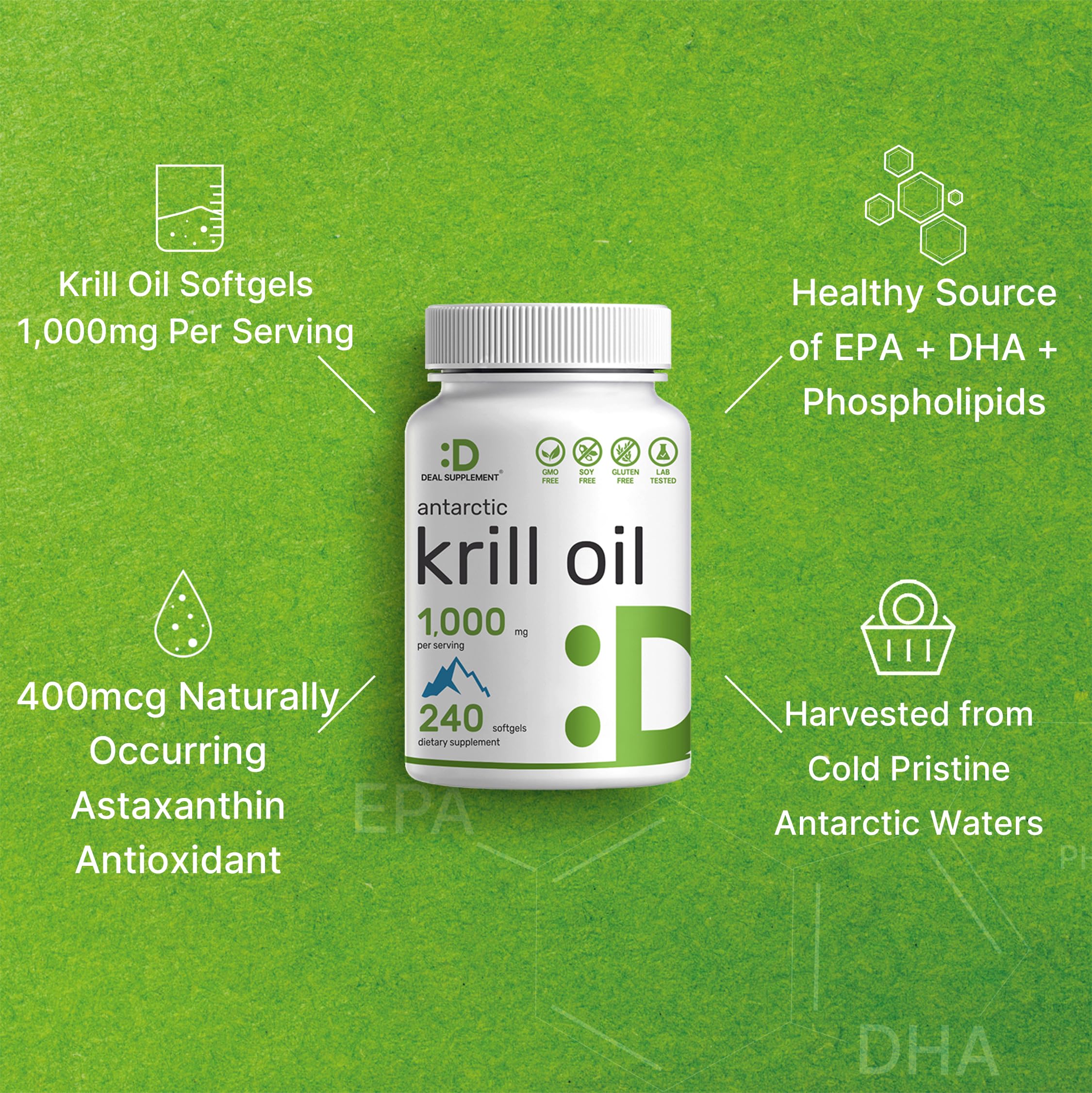 DEAL SUPPLEMENT Antarctic Krill Oil, 1,000mg Per Serving, 240 Softgels – Mercury Free, No Fishy Taste – Rich in Omega-3s, EPA, DHA, Astaxanthin, & Phospholipids – Non-GMO, No Gluten