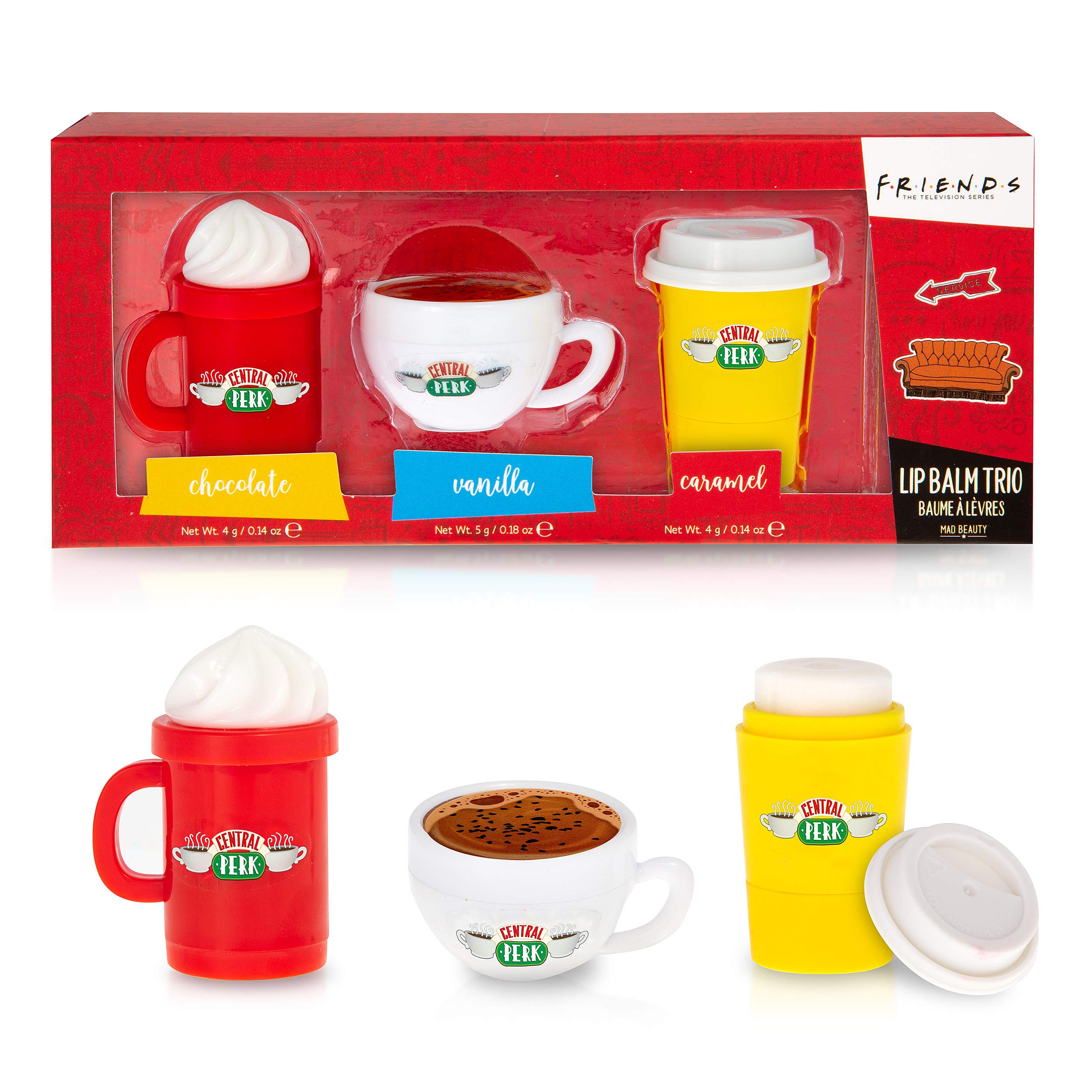 MAD BEAUTY Friends TV Show Lip Balm Trio Set (Pack of 3), Soothe Dry Lips with Delicious Chocolate, Vanilla, and Caramel Flavors in Adorable Central Perk Packaging