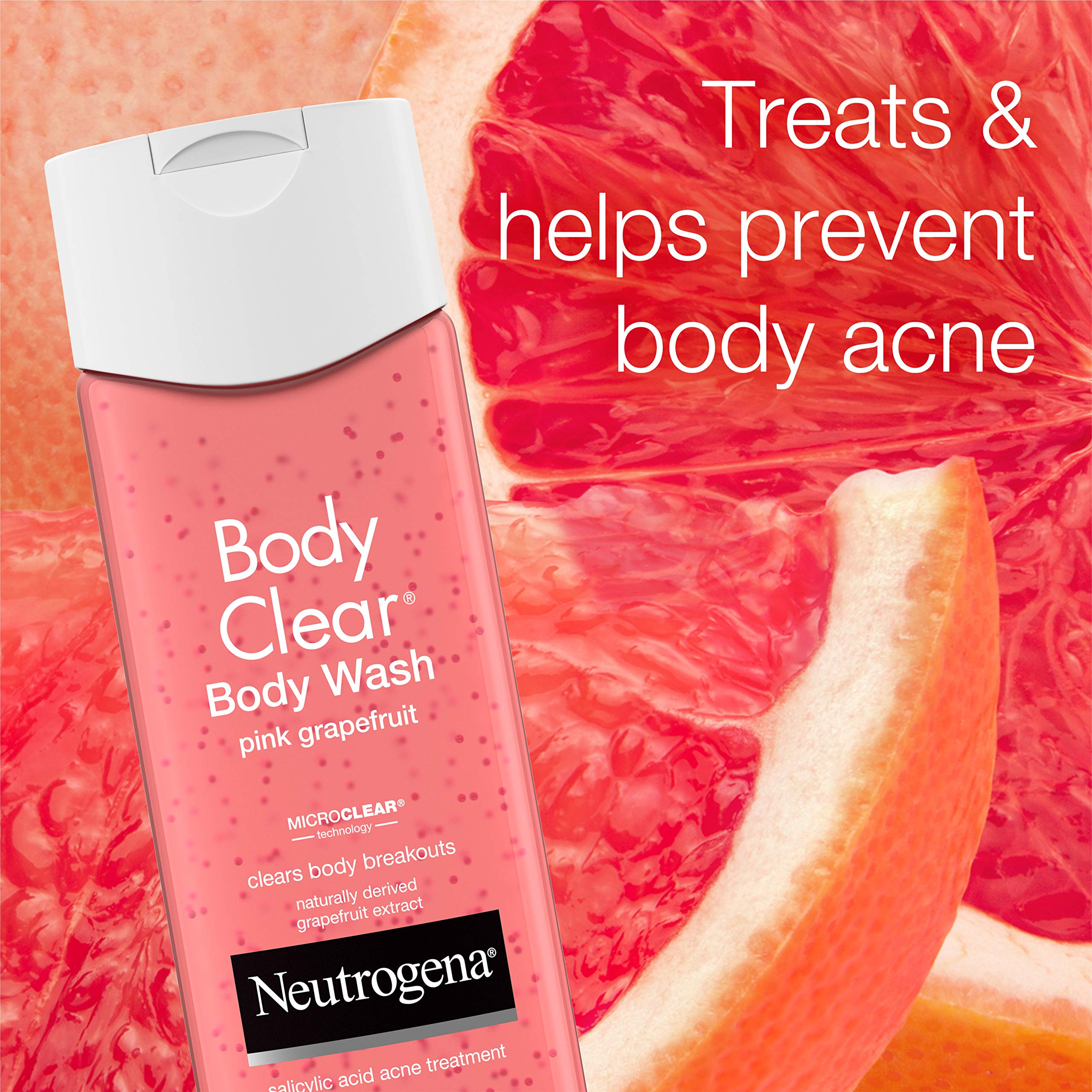Neutrogena Body Clear Acne Treatment Body Wash with 2% Salicylic Acid Acne Medicine to Prevent Body Breakouts, Pink Grapefruit Shower Gel for Back, Chest & Shoulders, Vitamin C, 8.5 fl. oz