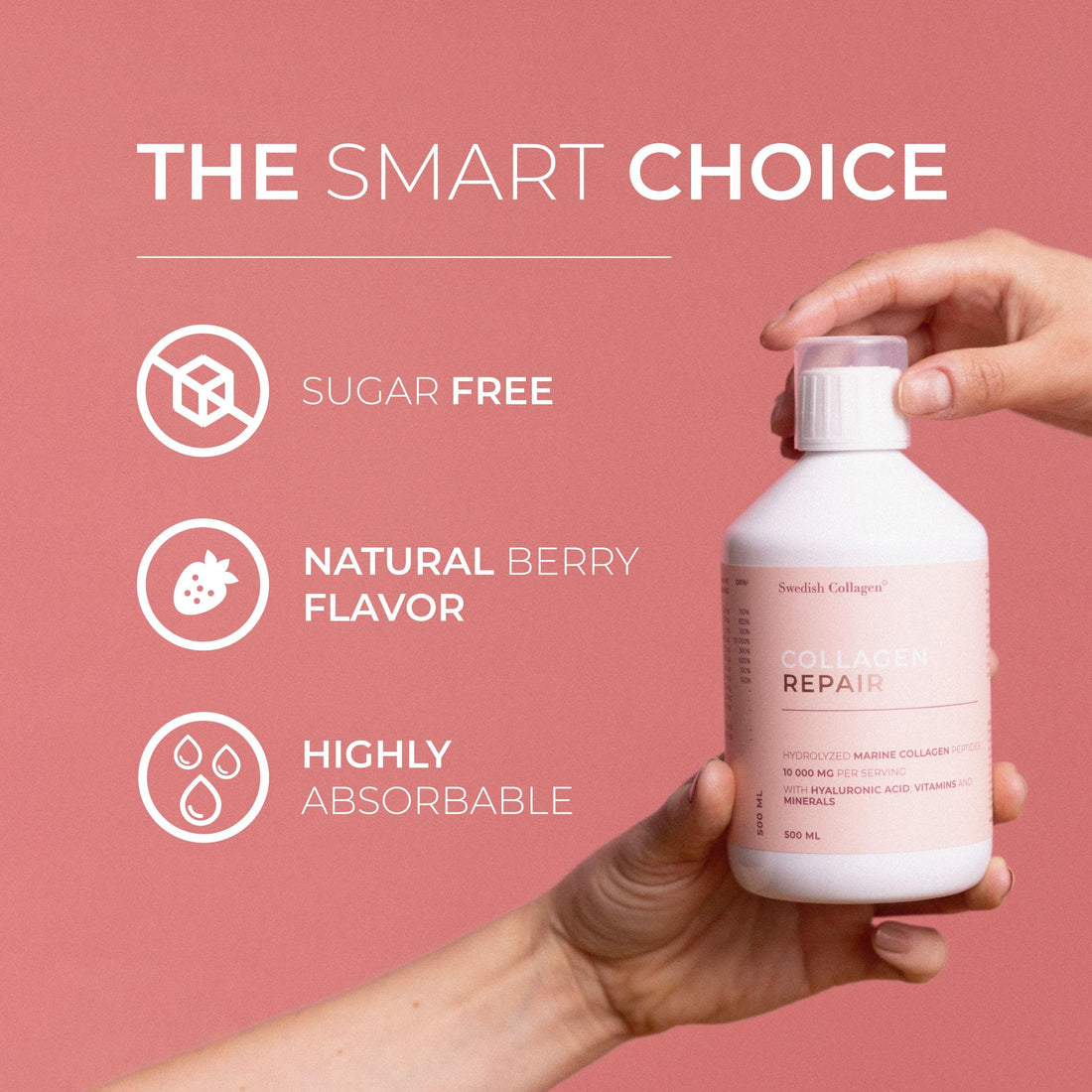 Swedish Collagen Repair | 10,000 mg Hydrolyzed Marine Collagen Liquid Supplement - 500 ml, 20 Day Supply I Hyaluronic Acid, Biotin & Vitamin C for Healthy Hair, Skin, Nails & Joints | Sugar-Free