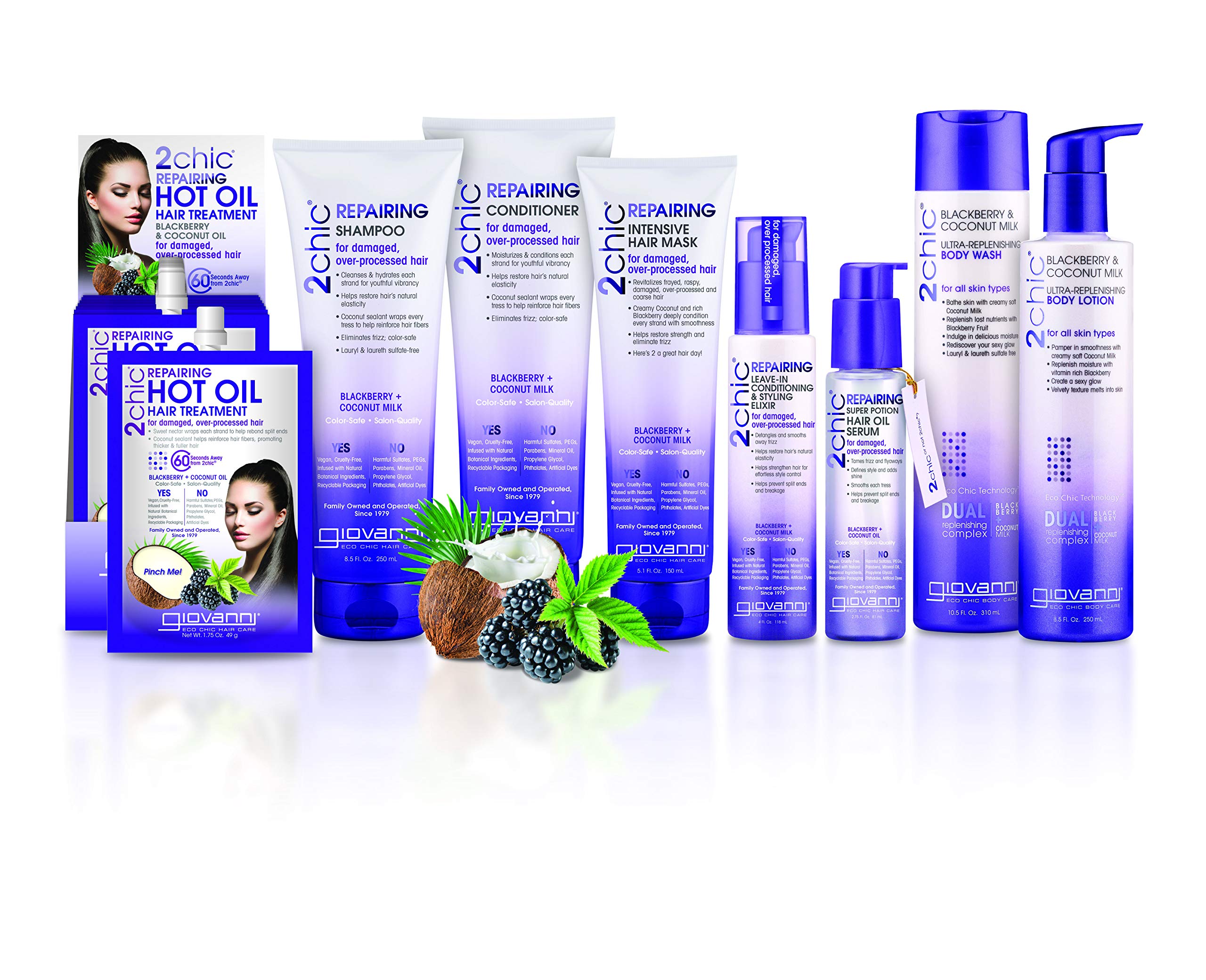 GIOVANNI 2chic Ultra-Repairing Shampoo - For Damaged, Over-Processed Hair, Helps Restore Hair's Natural Elasticity, Blackberry & Coconut Oil, Argan, Shea Butter, Color Safe - 24 oz