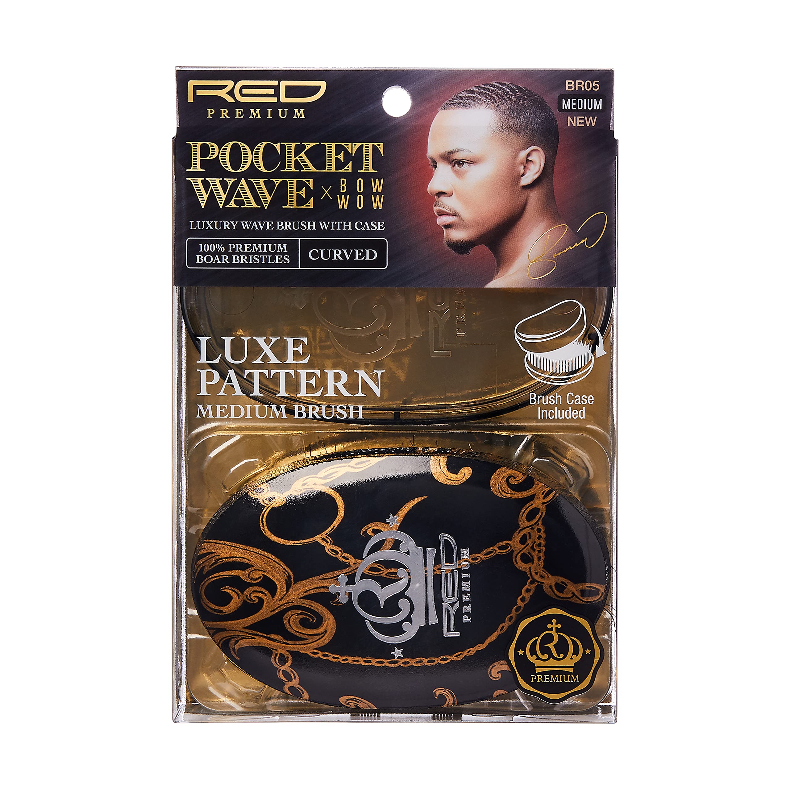 Red by Kiss Premium Pocket Wave X Bow Wow Curved Palm Boar Brush with Case (Medium Bristles)