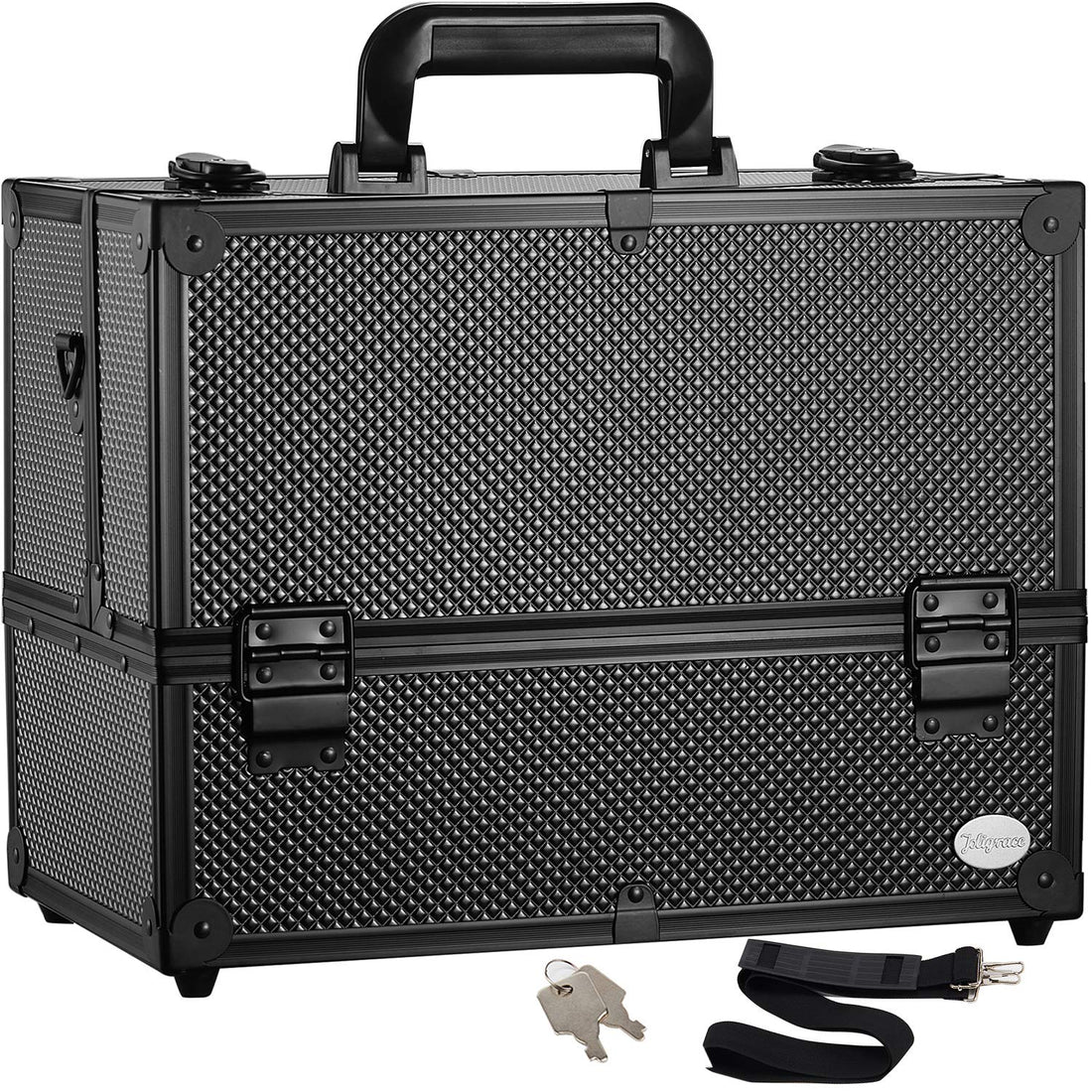 Joligrace Professional Makeup Train Storage Organizer with Lock, Compartments and 6 Trays (Black, Large, 14)
