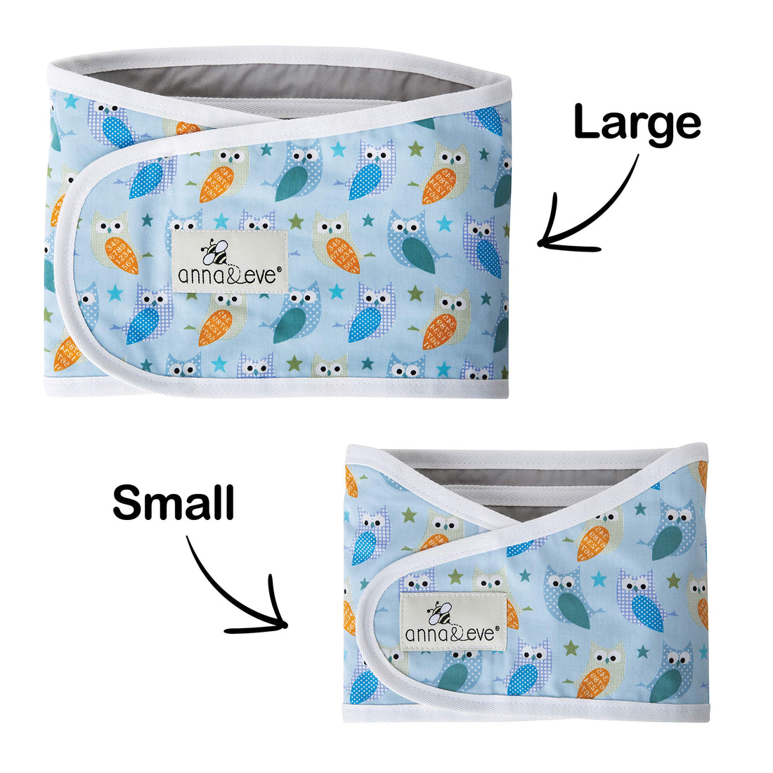 Anna & Eve - Swaddle Strap - Adjustable Arms-Only Baby Swaddle, 100% Cotton, Prevents Overheating - Large Size Fits Chest 16 to 20.5 - Owls Blue/Green