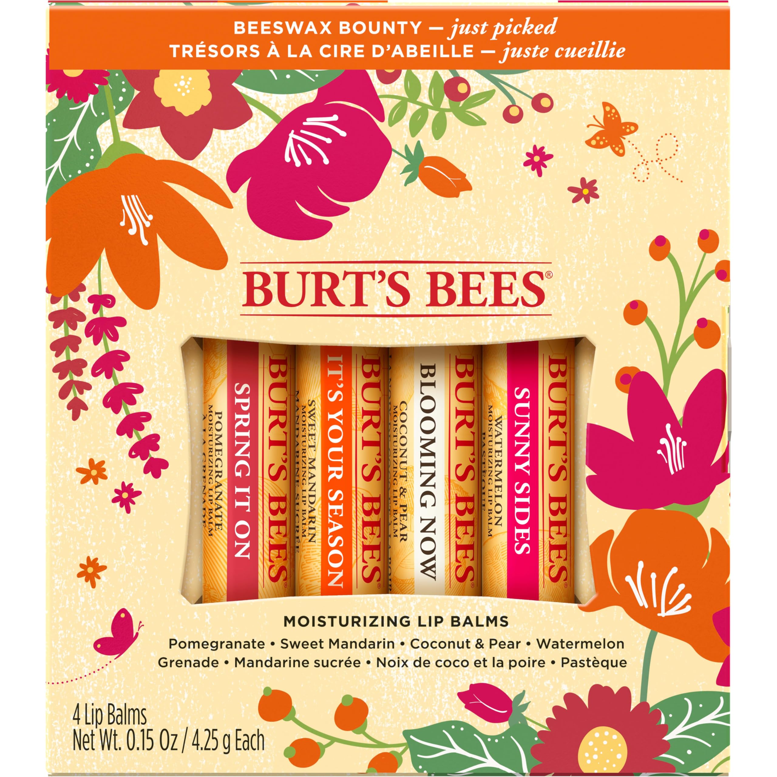 Burt's Bees Gifts, 4 Lip Balm Products, Just Picked Set - Pomegranate, Sweet Mandarin, Coconut Pear & Watermelon (4 Pack)